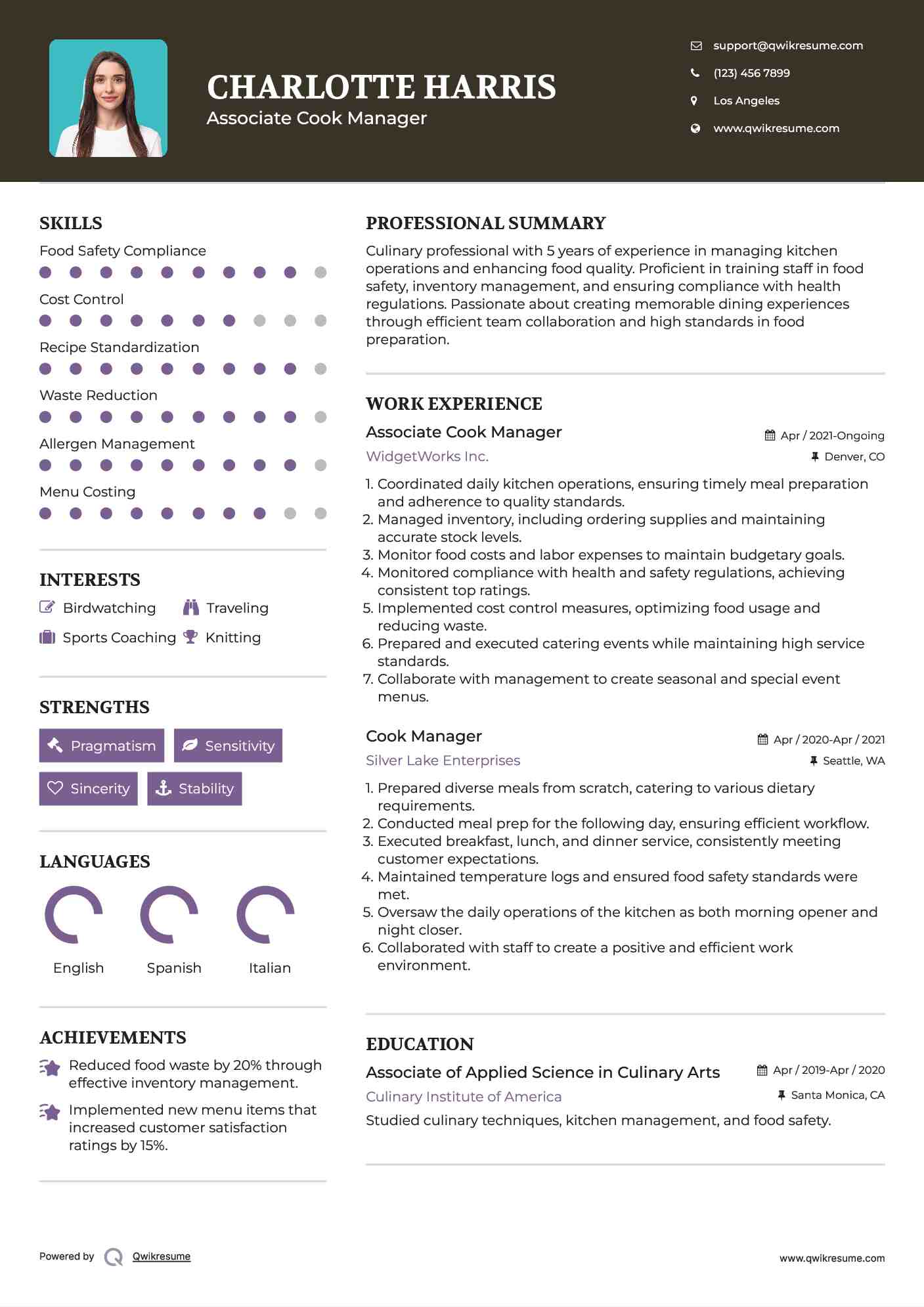 Associate Cook Manager Resume Format