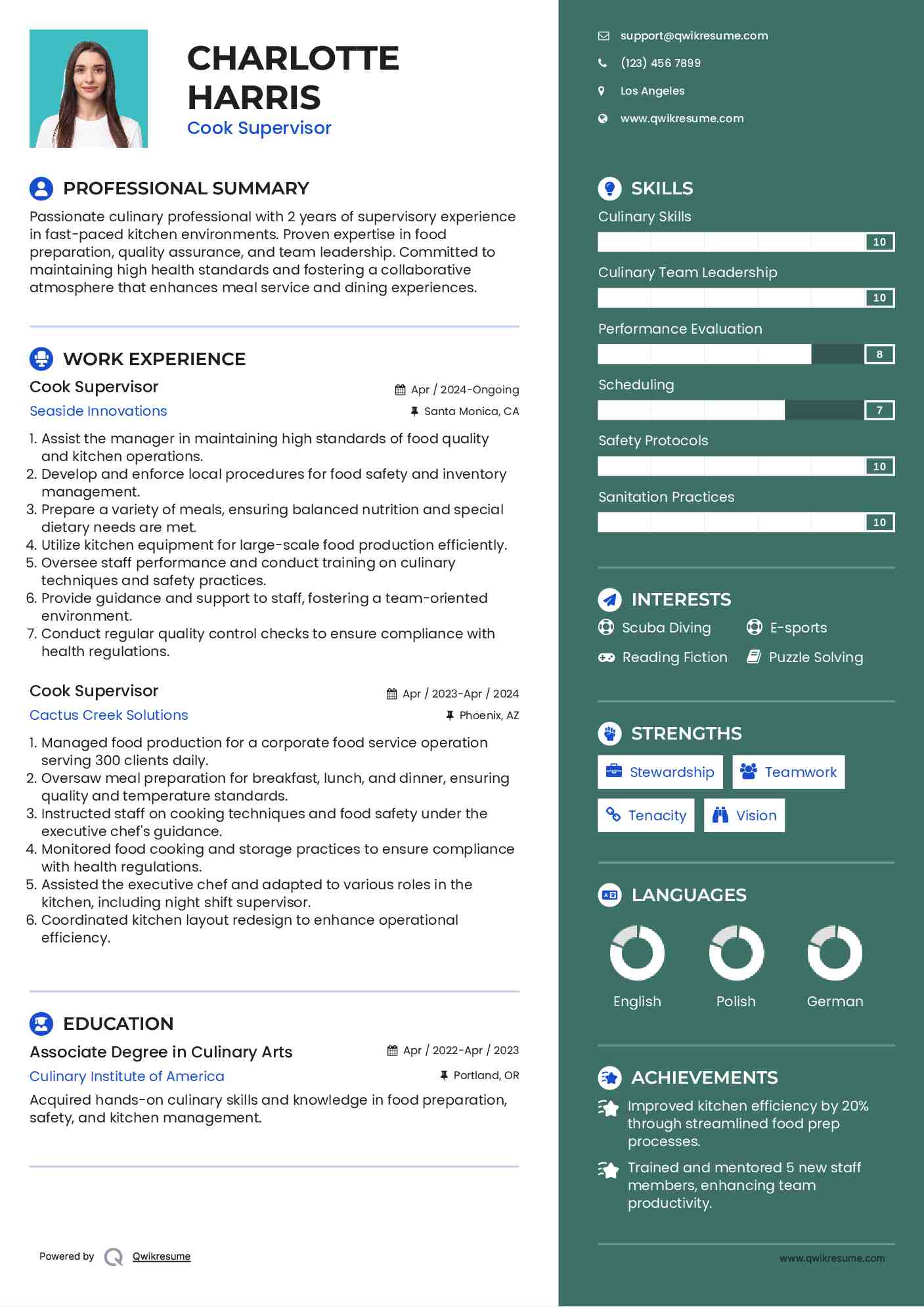 Cook Supervisor Resume Model
