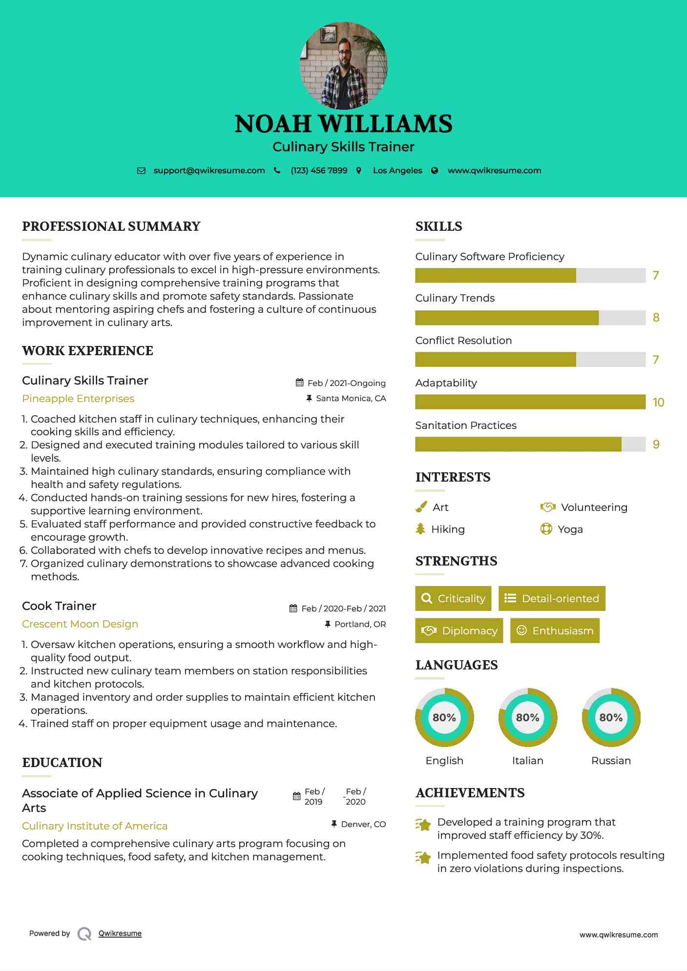 Culinary Skills Trainer Resume Sample