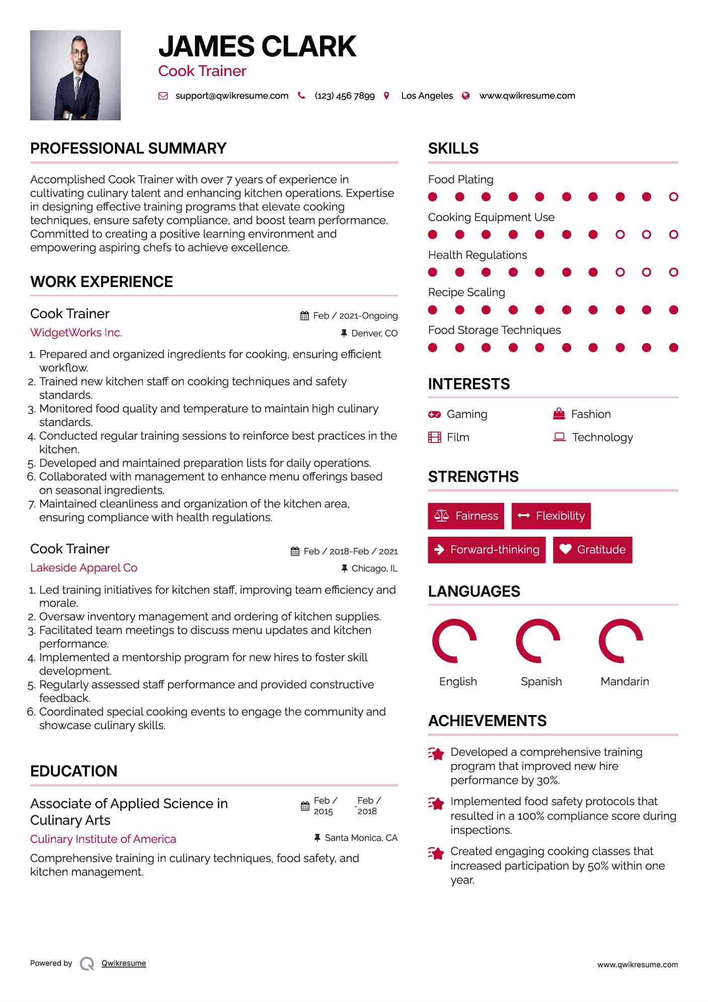 Cook Trainer Resume Example