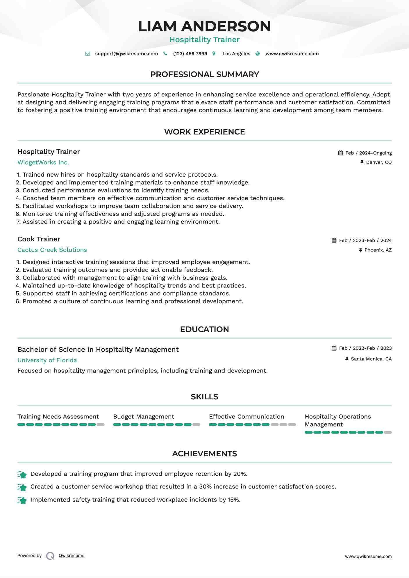 Hospitality Trainer Resume Example
