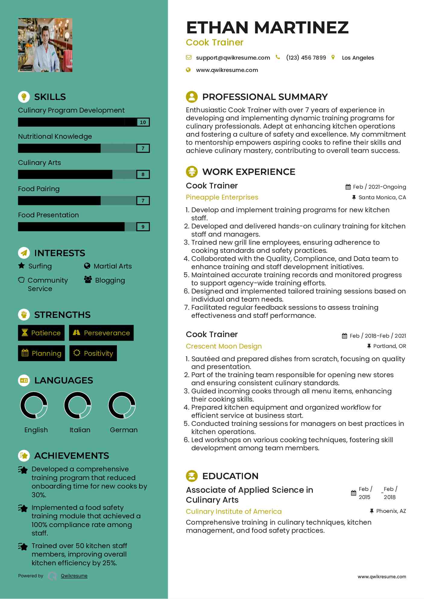 Cook Trainer Resume Sample