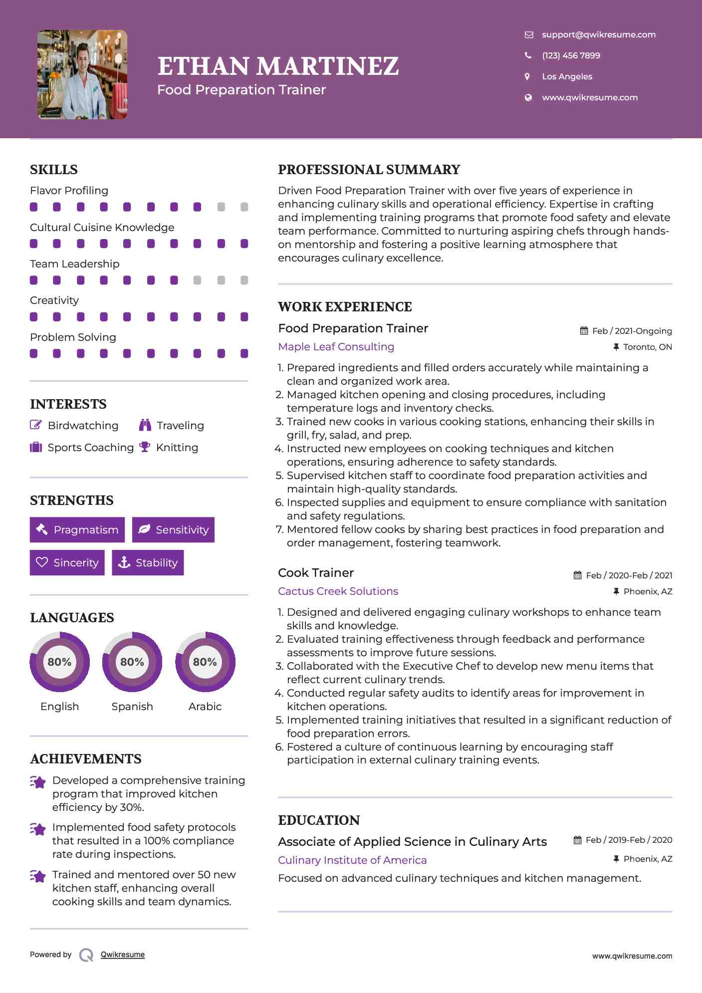 Food Preparation Trainer Resume Example