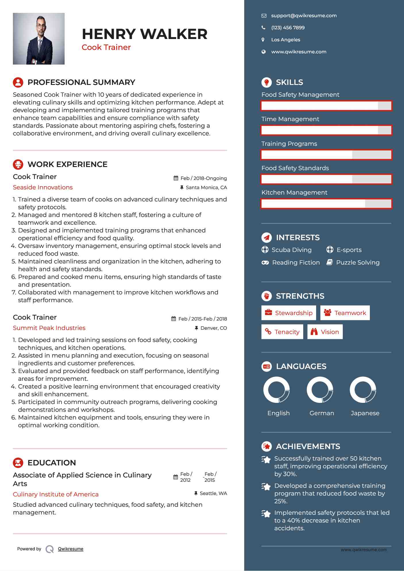 Cook Trainer Resume Sample