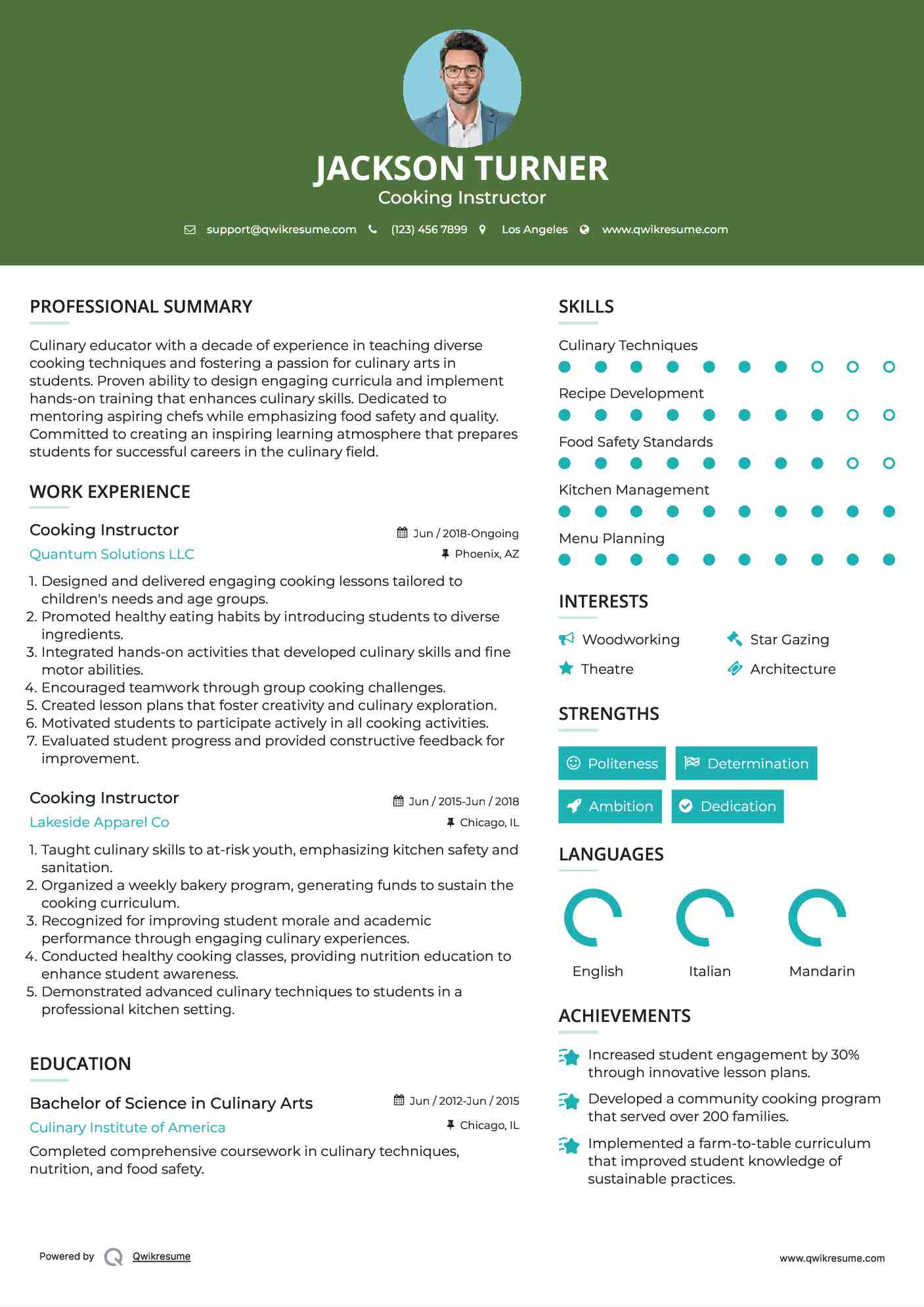 Cooking Instructor Resume Sample