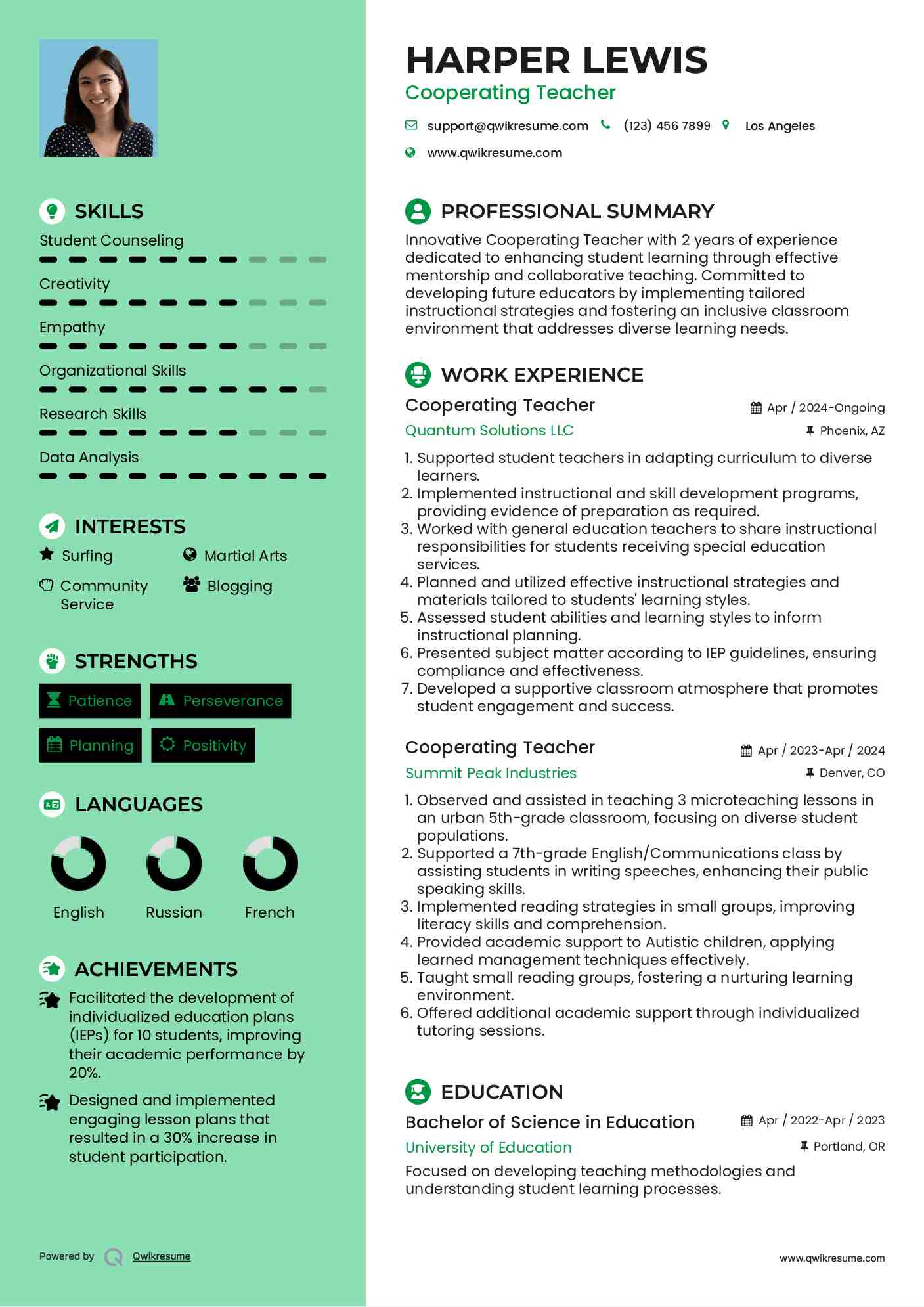 Cooperating Teacher Resume Example