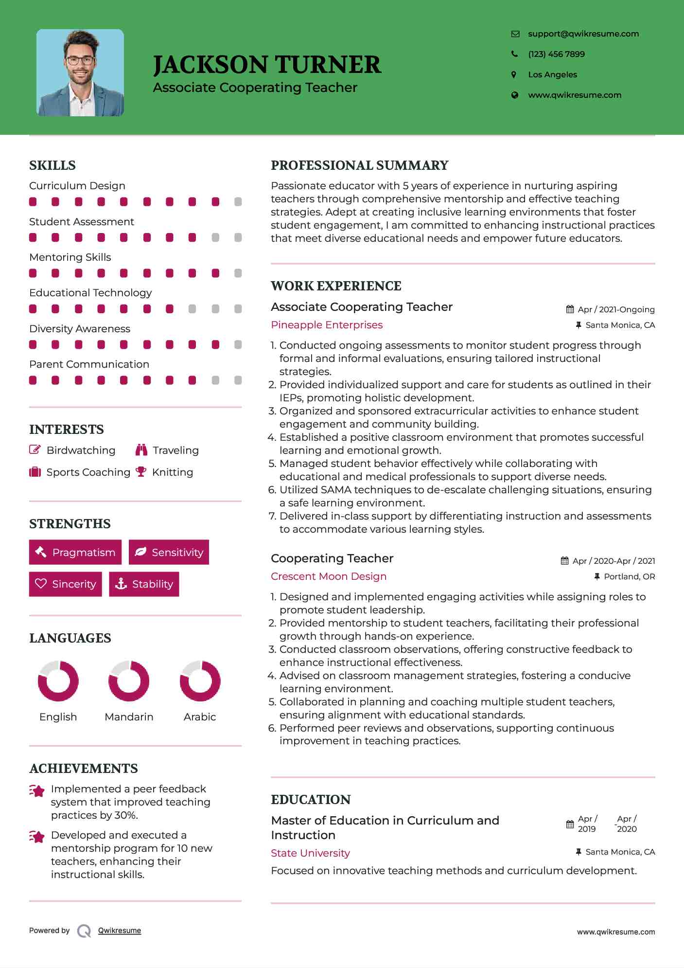 Associate Cooperating Teacher Resume Example