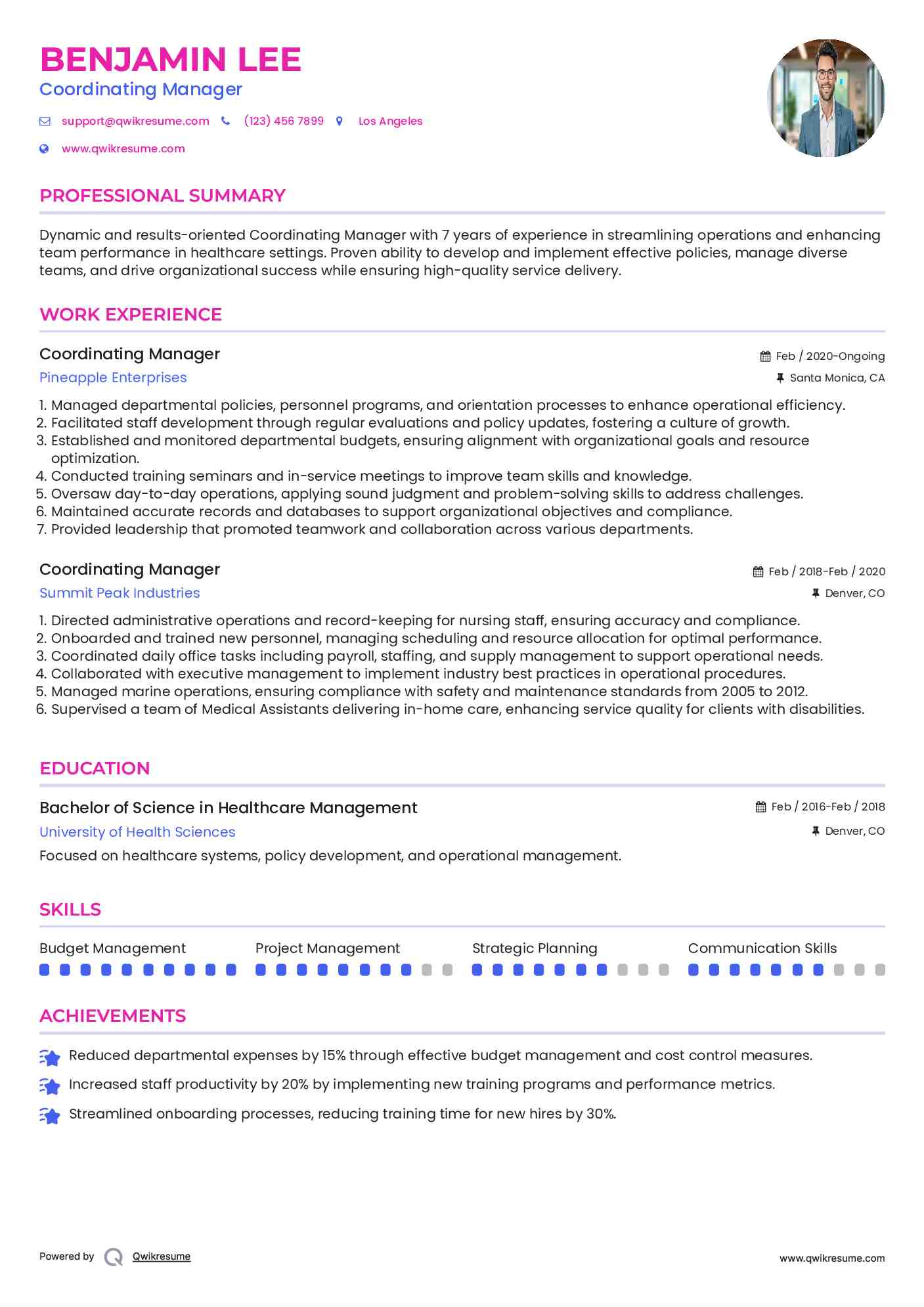 Coordinating Manager Resume Model