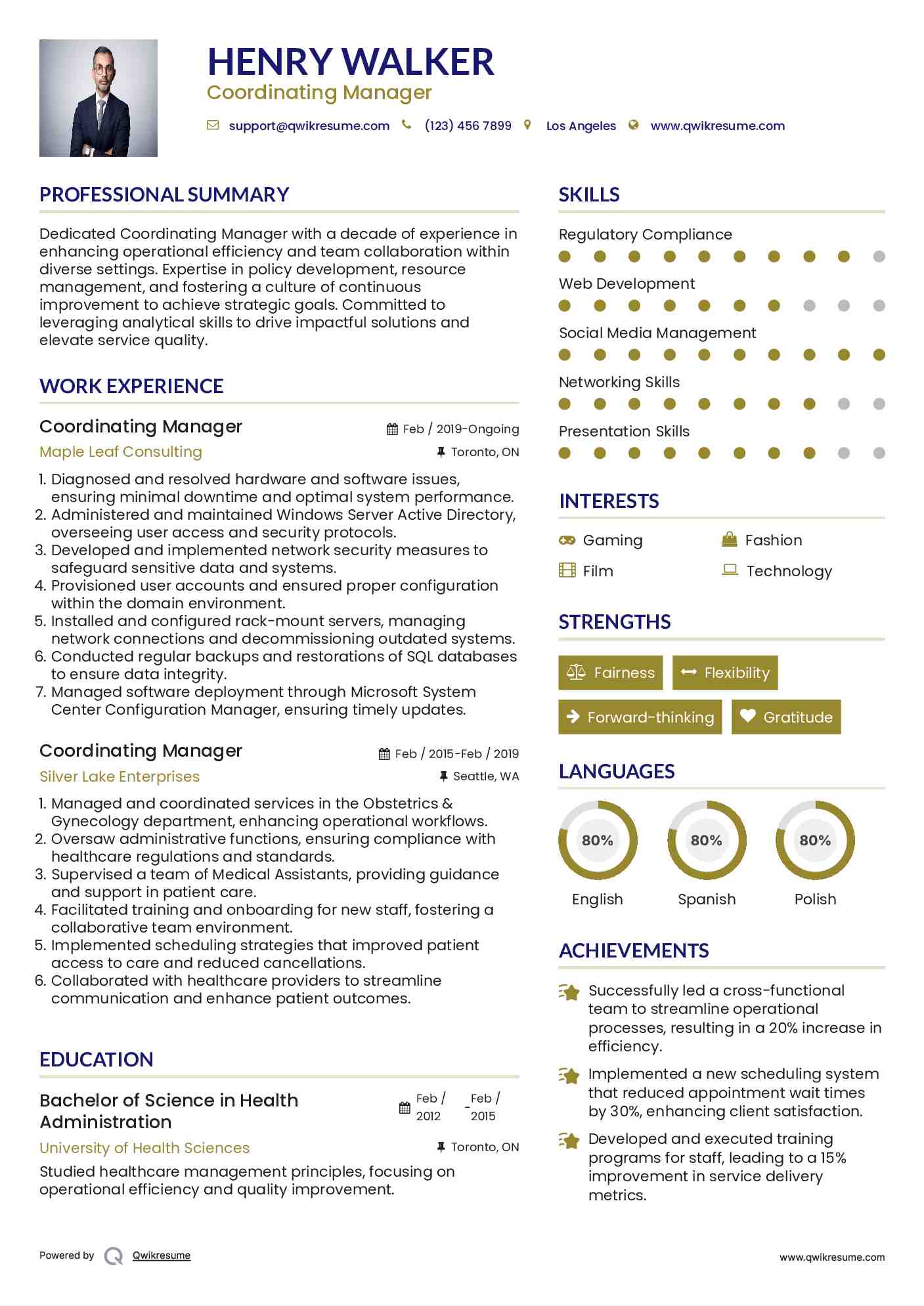Coordinating Manager Resume Template