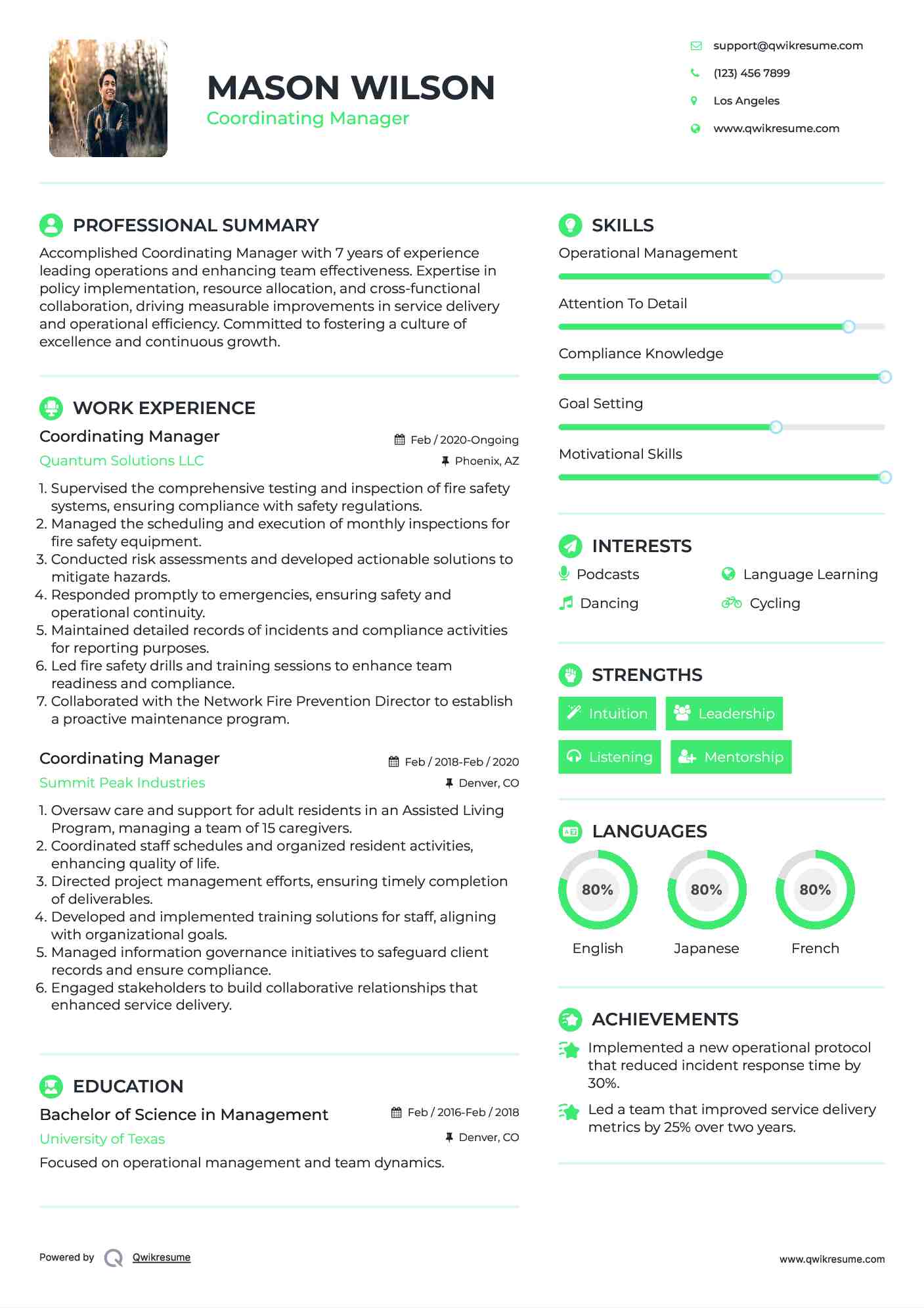 Coordinating Manager Resume Sample