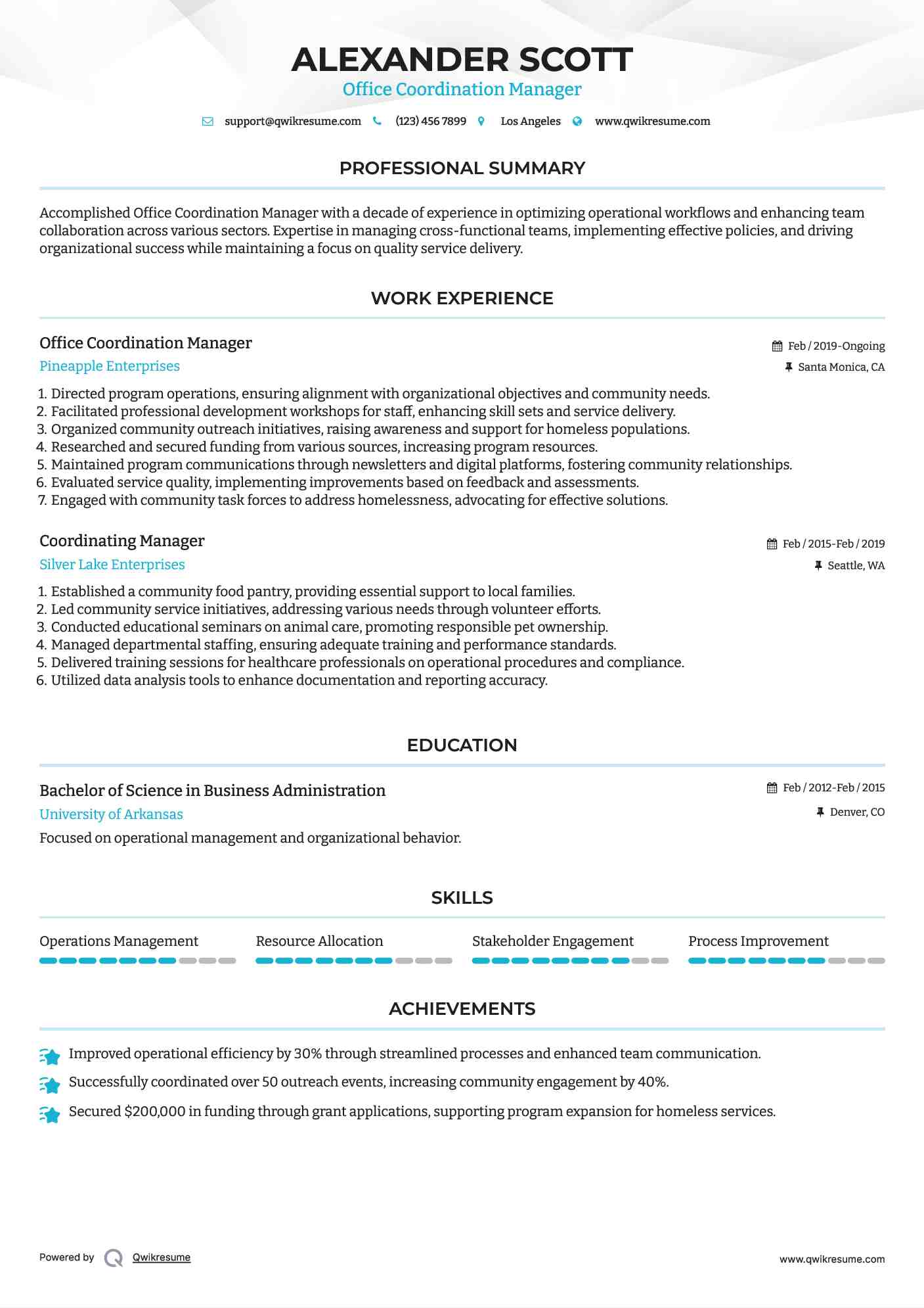 Office Coordination Manager
 Resume Sample