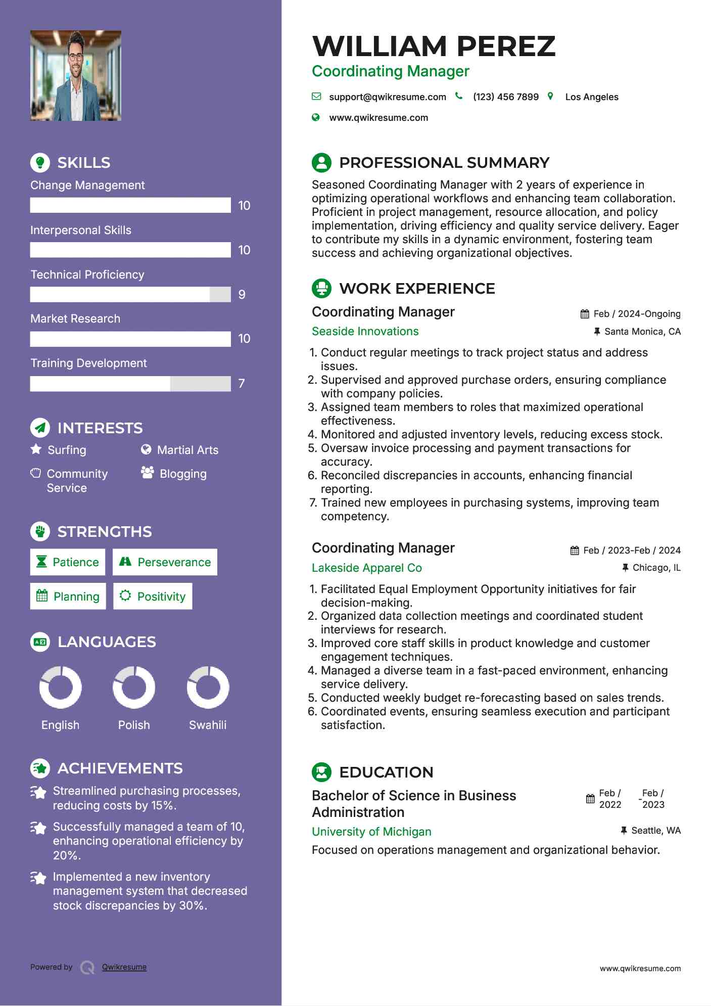 Coordinating Manager Resume Format