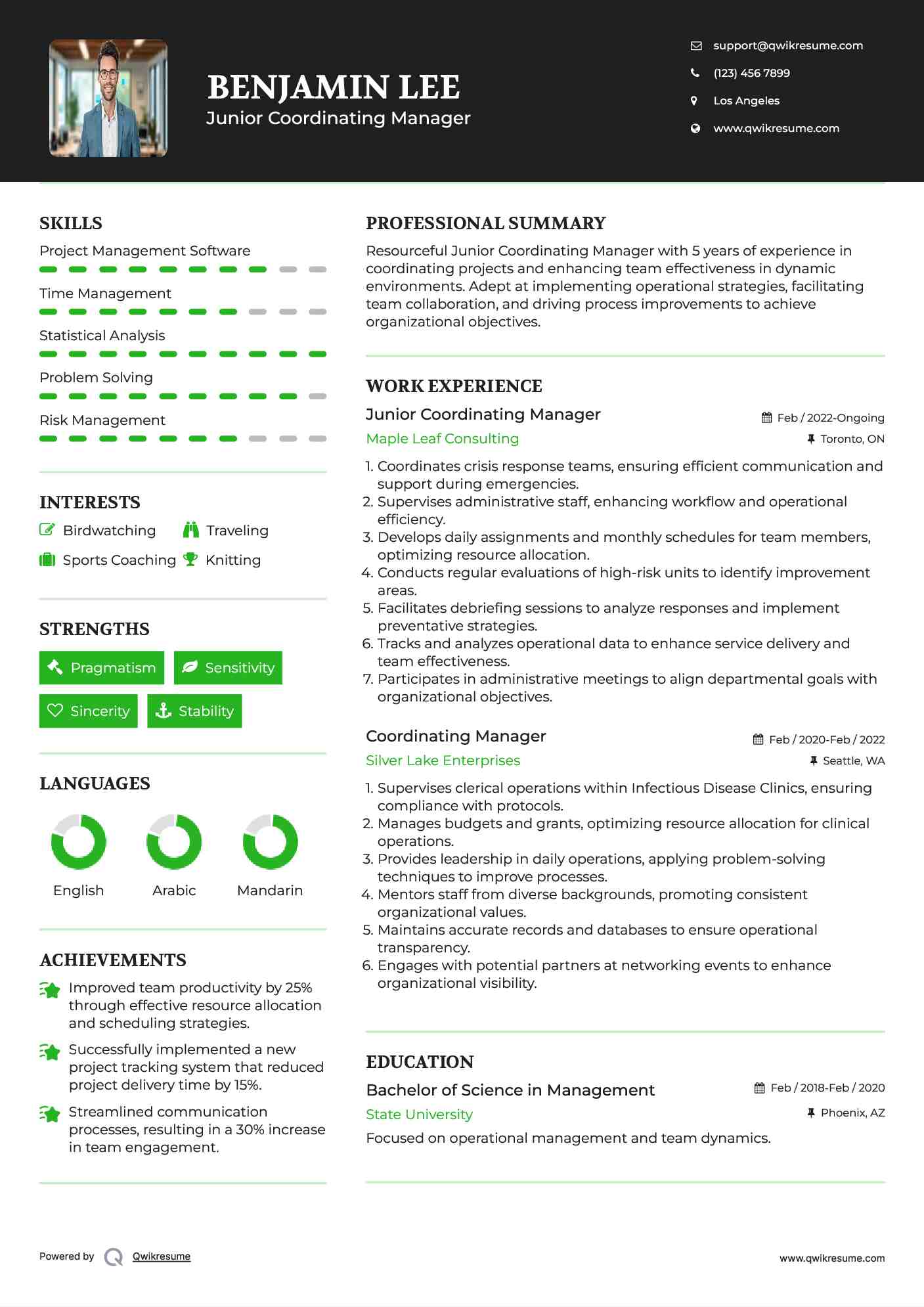 Junior Coordinating Manager   Resume Model