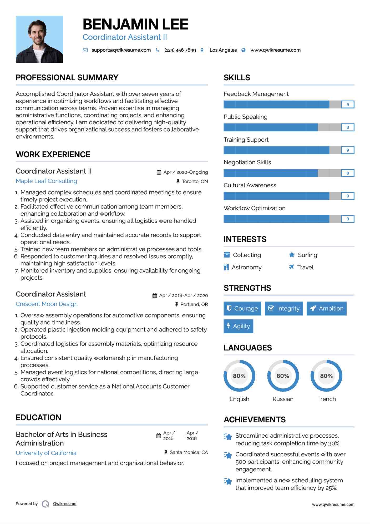 Coordinator Assistant II Resume Sample