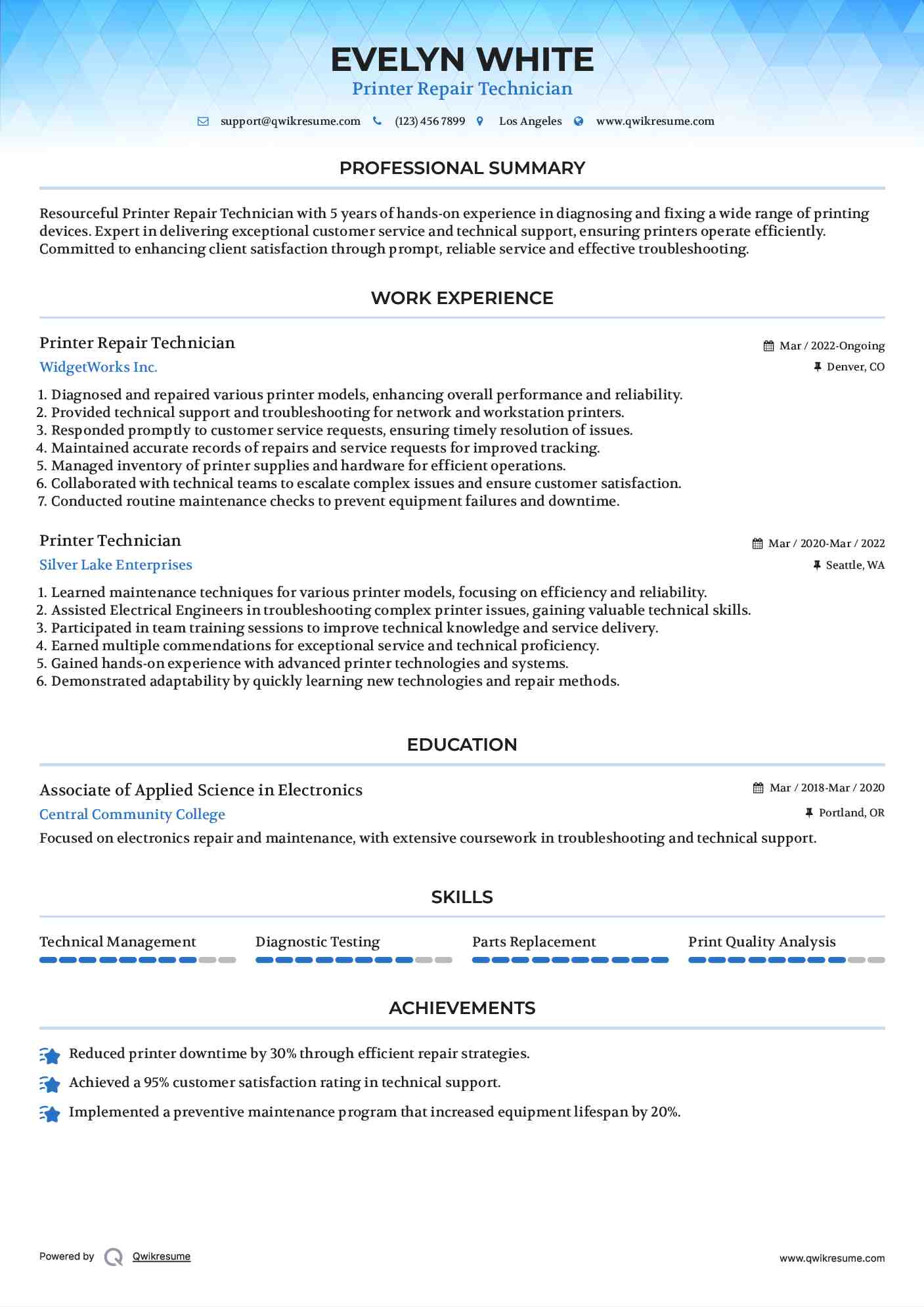 Printer Repair Technician Resume Template