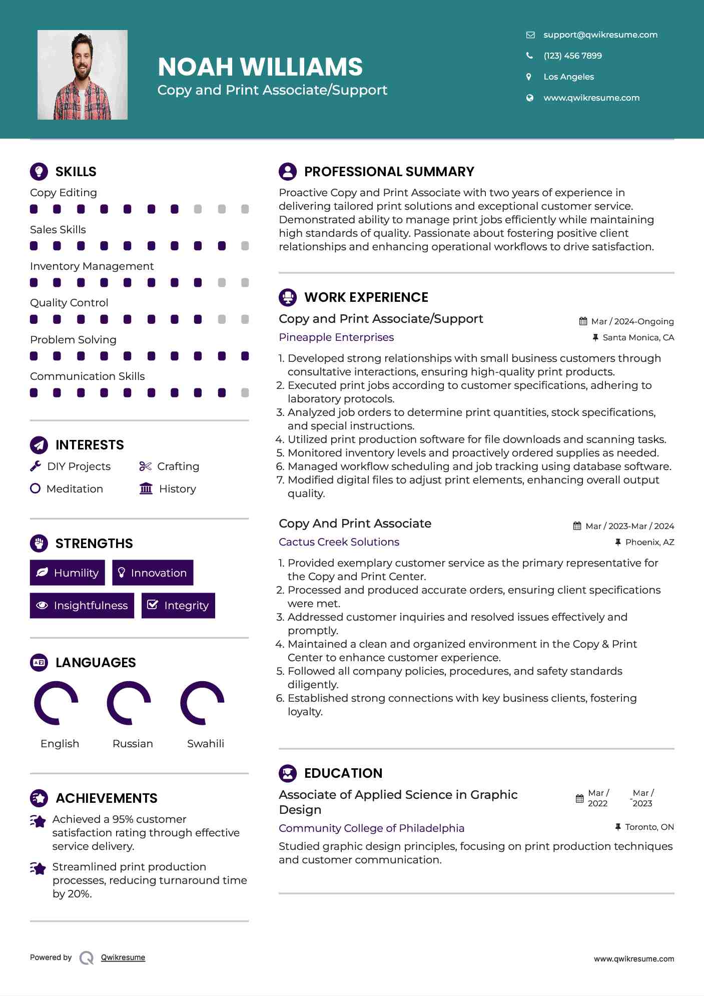 Copy and Print Associate/Support Resume Example