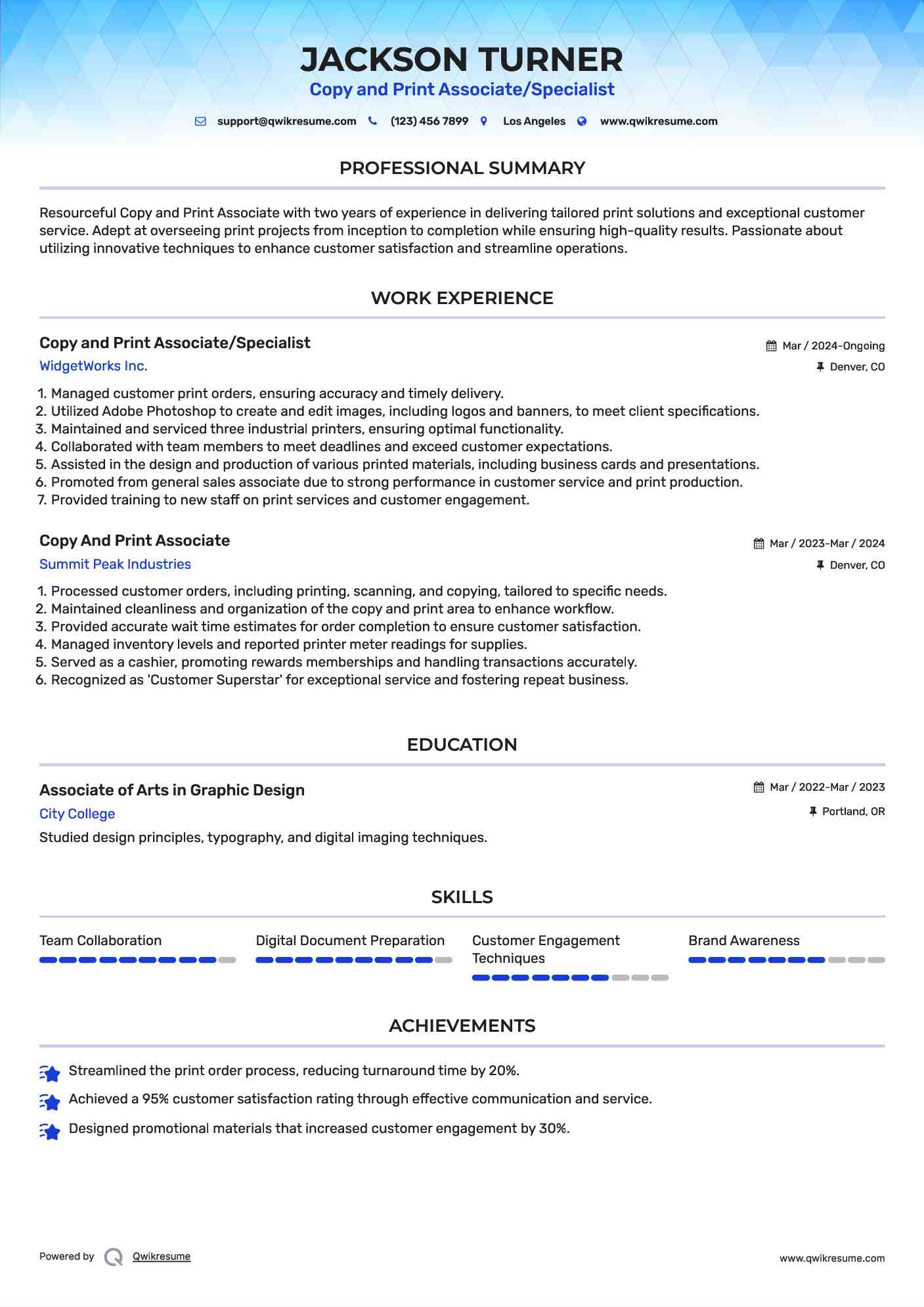Copy and Print Associate/Specialist Resume Template