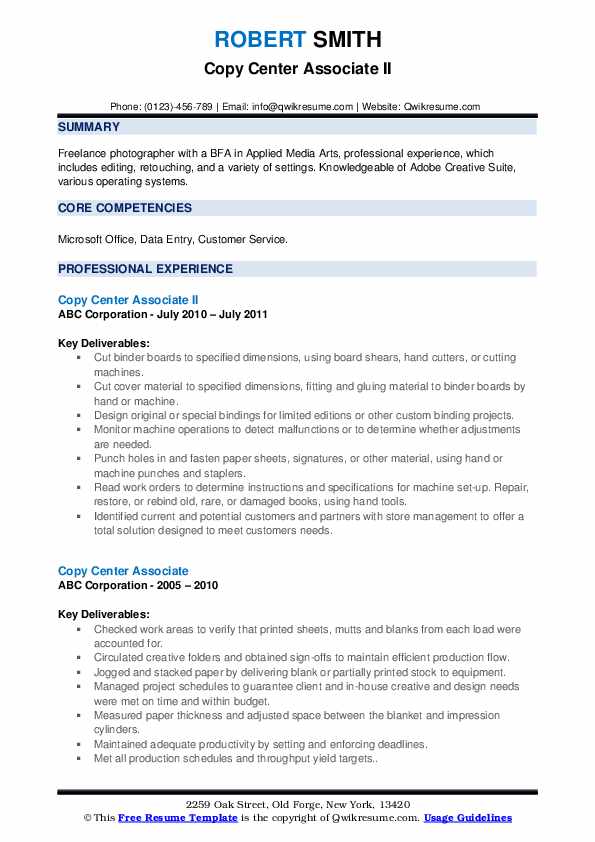 Copy Center Associate Resume Samples QwikResume