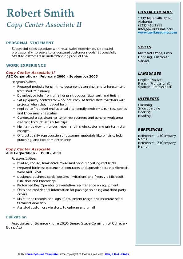 Copy Center Associate Resume Samples QwikResume