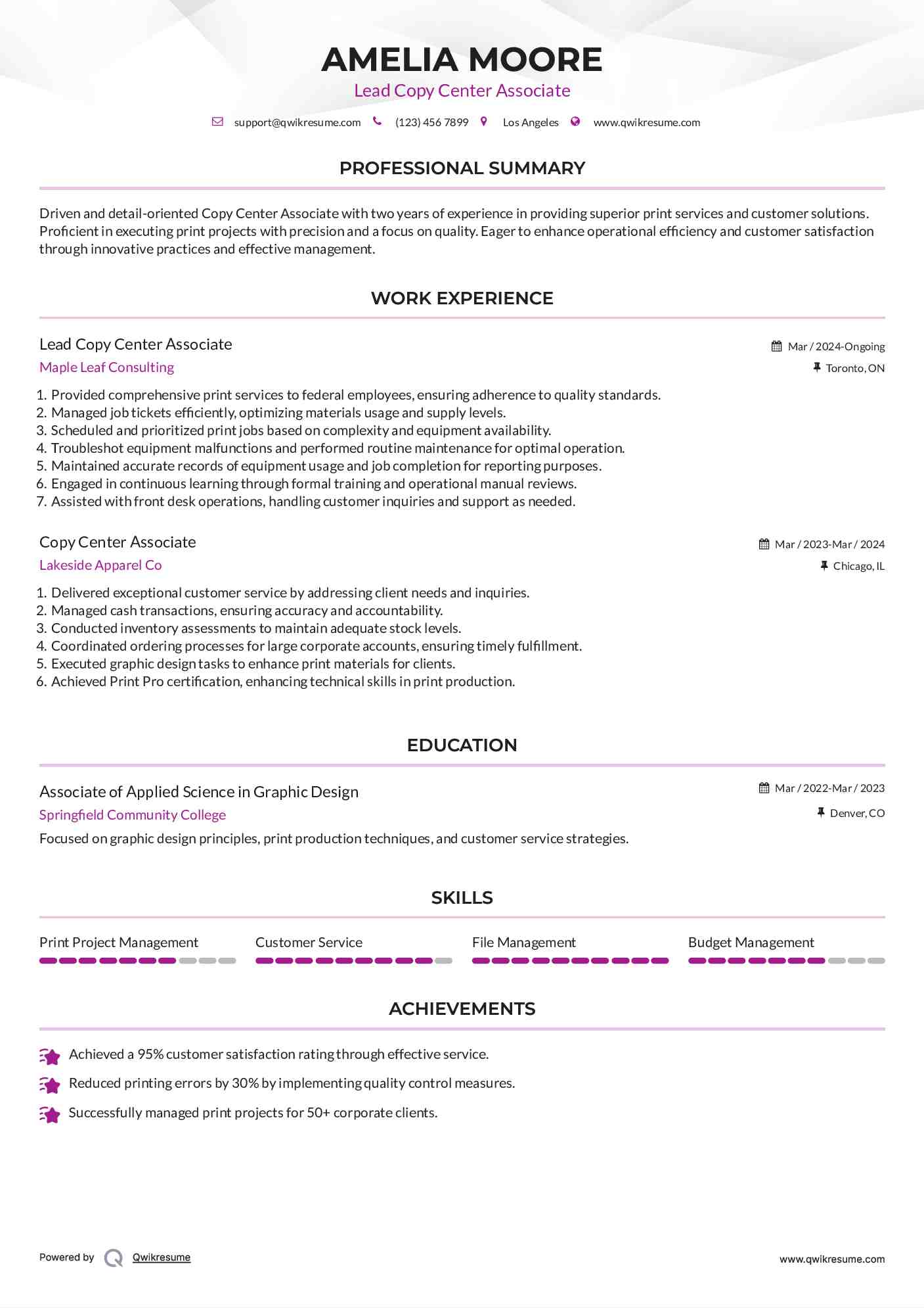 Lead Copy Center Associate Resume Sample