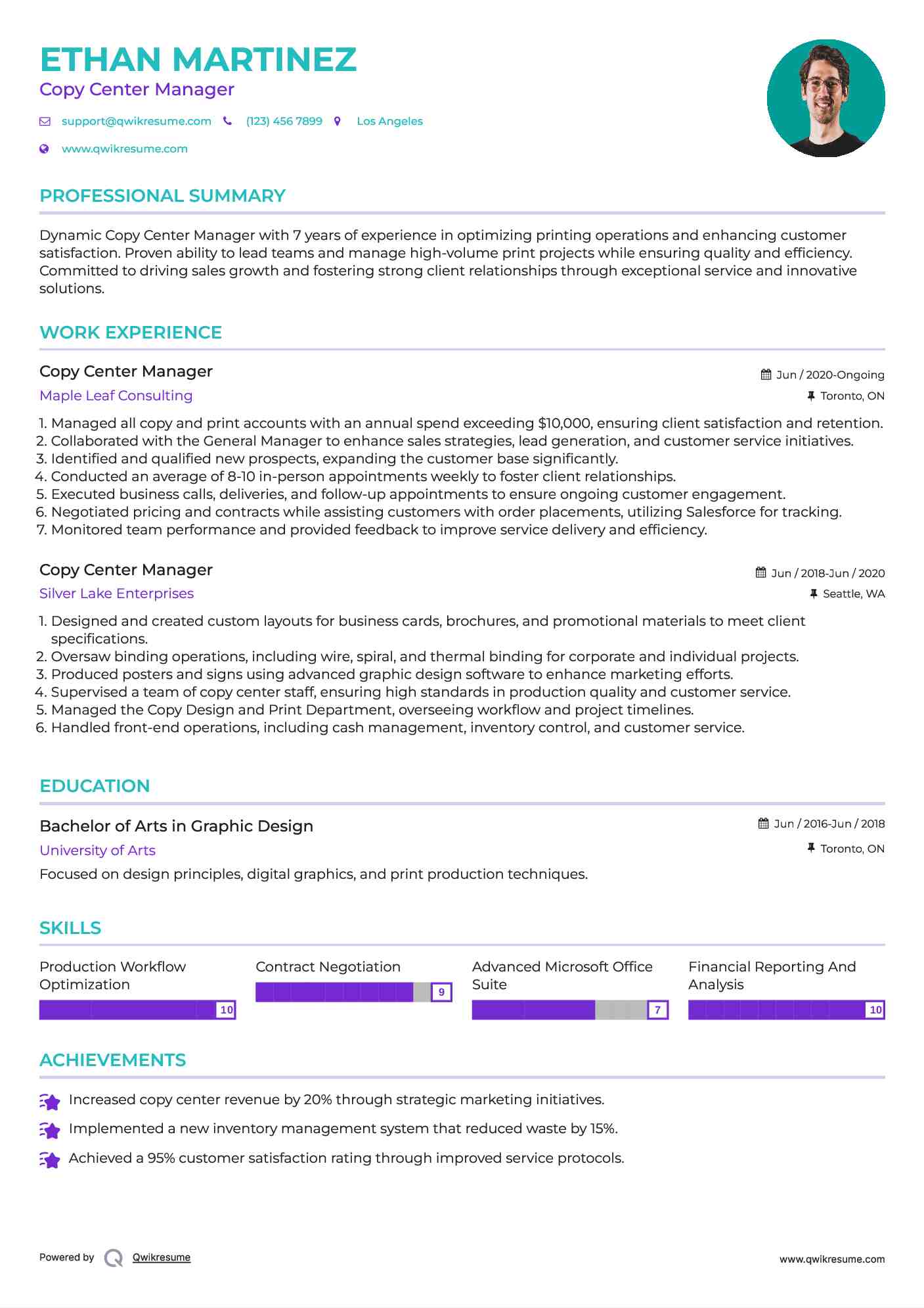 Copy Center Manager Resume Model