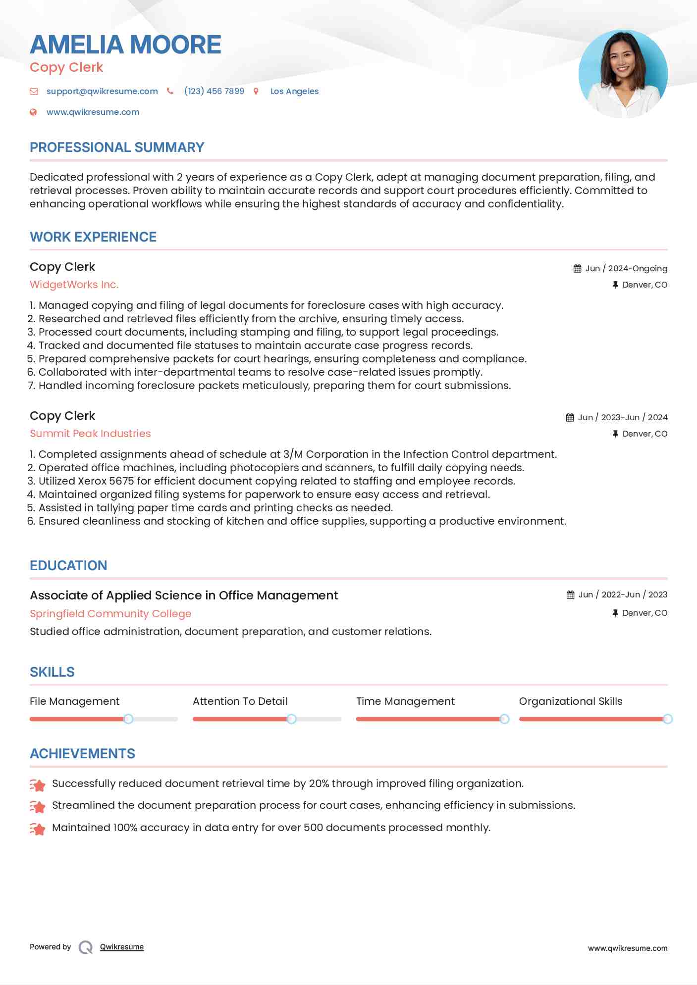 Copy Clerk Resume Sample