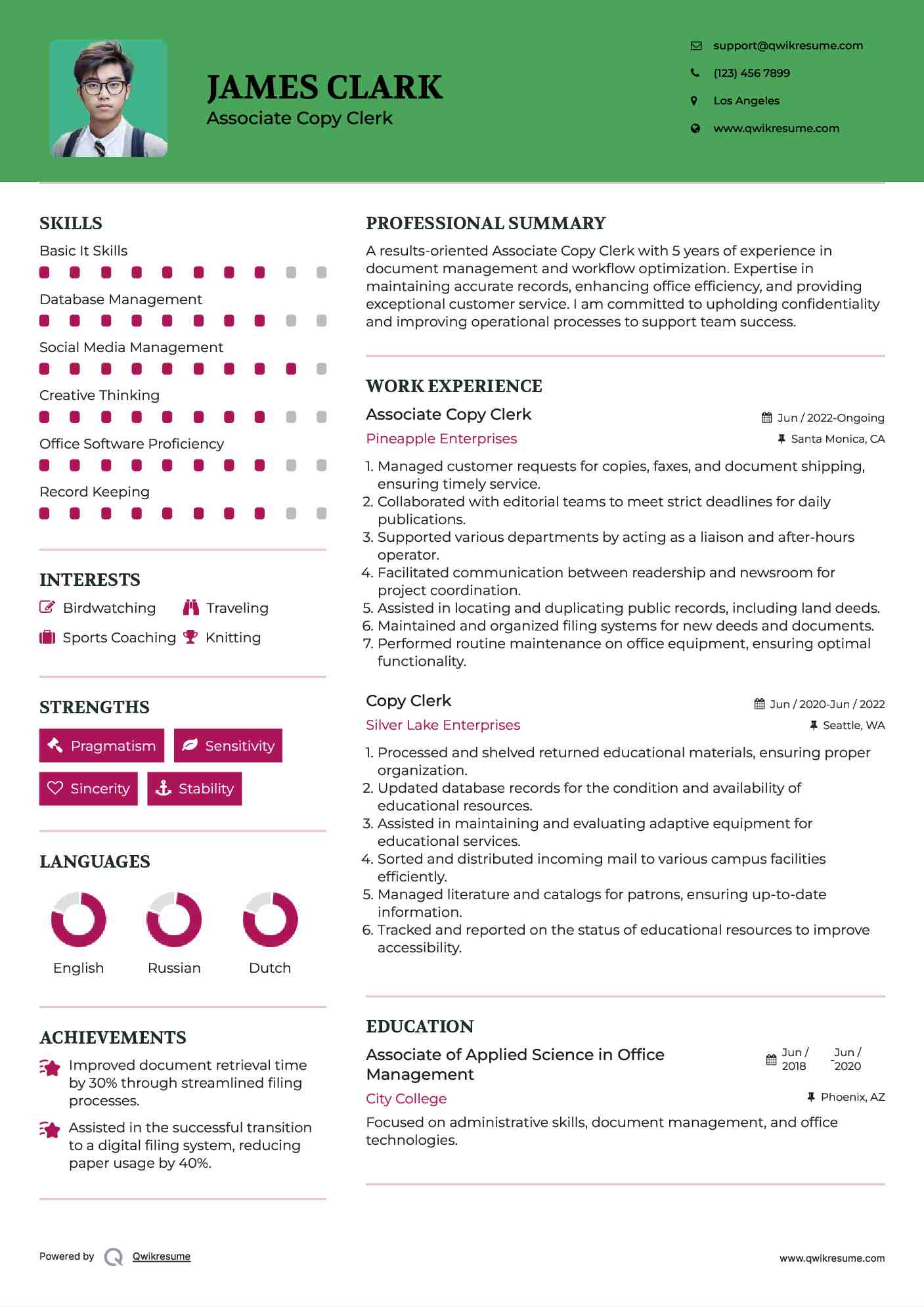 Associate Copy Clerk Resume Sample