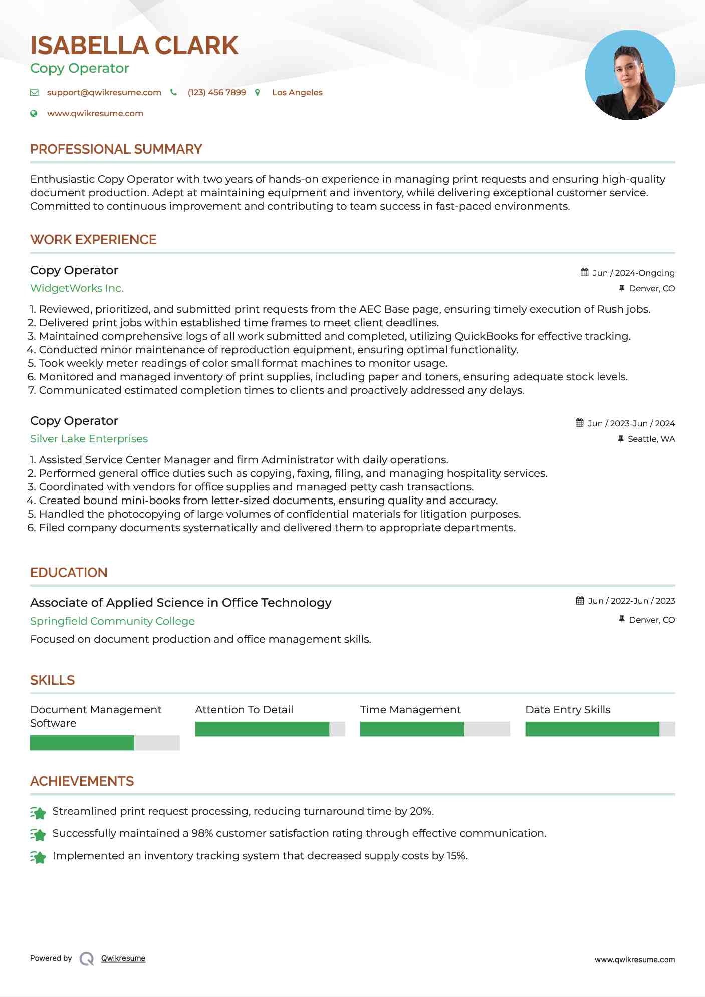 Copy Operator Resume Format