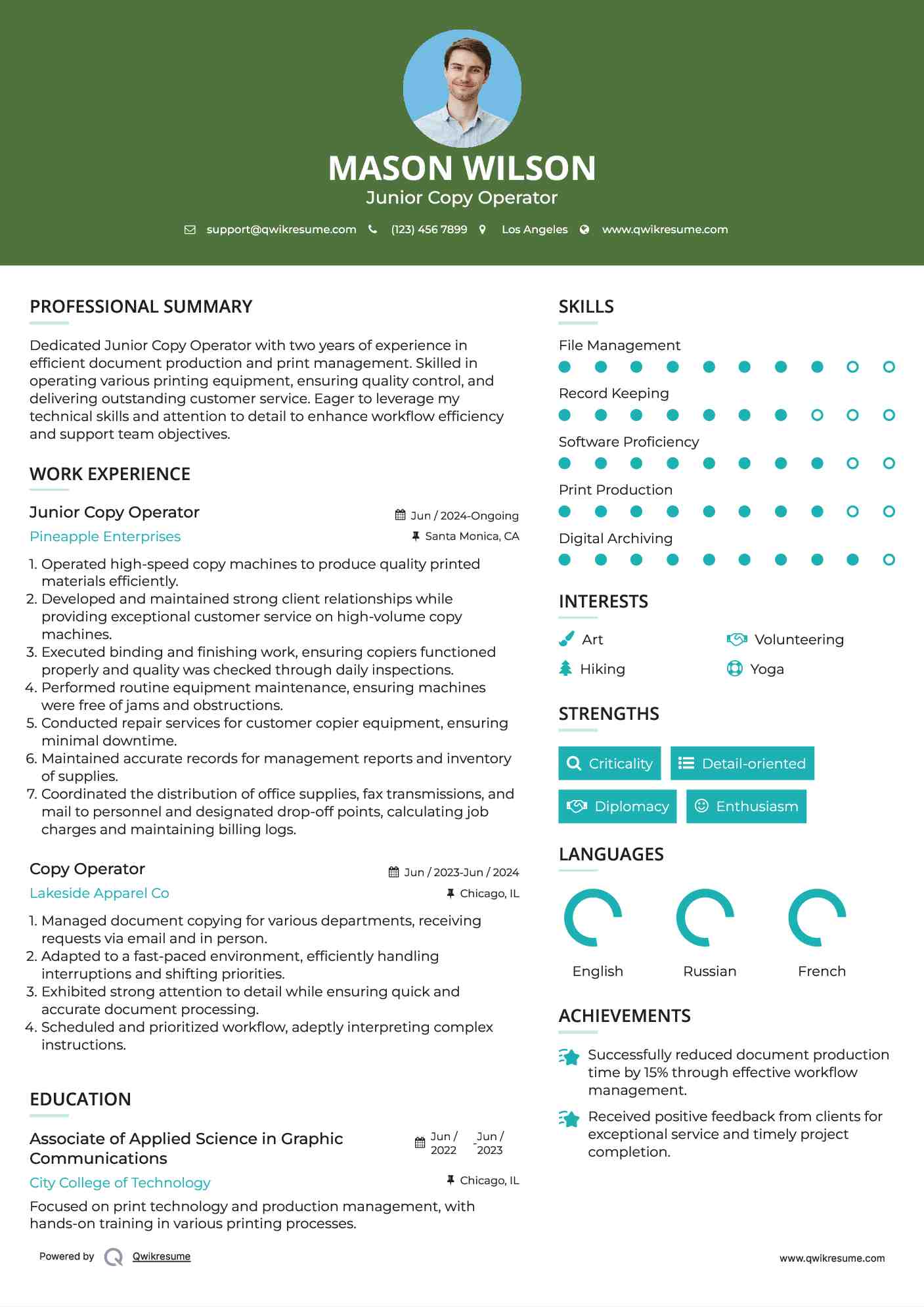 Junior Copy Operator Resume Sample