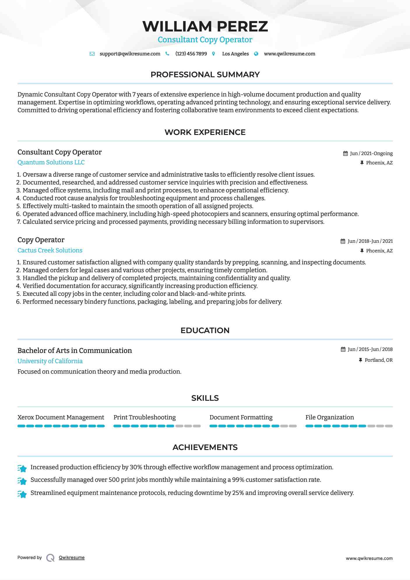 Consultant Copy Operator Resume Example