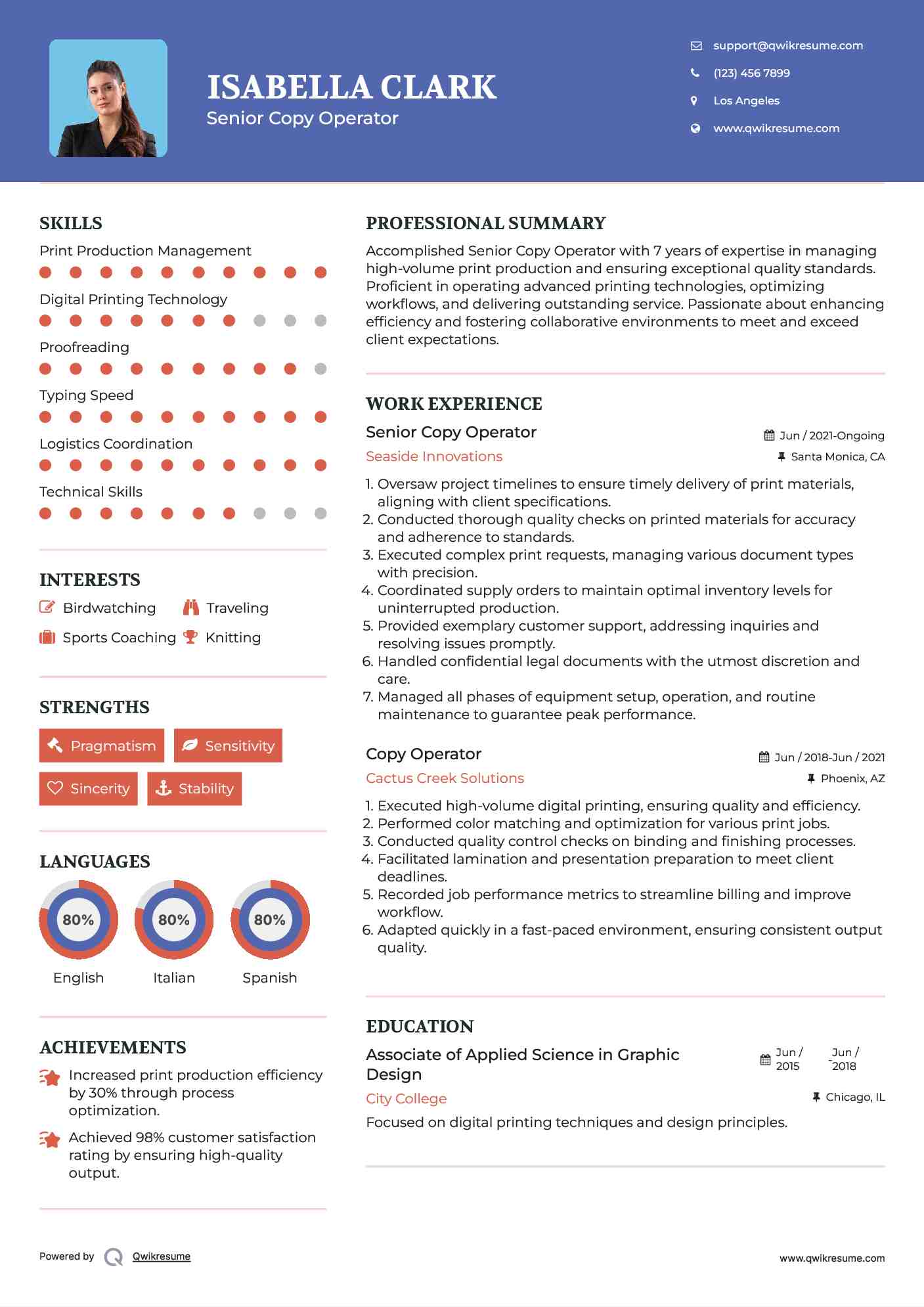 Senior Copy Operator Resume Example