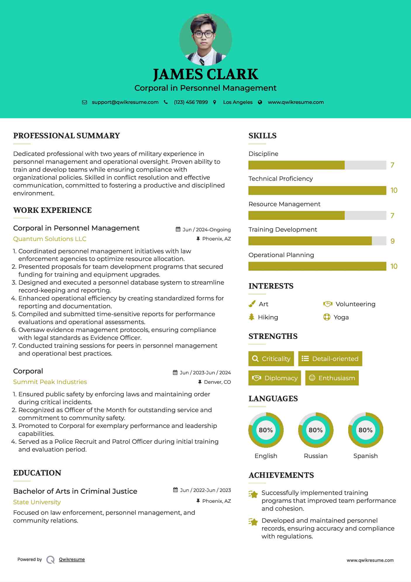 Corporal in Personnel Management Resume Template