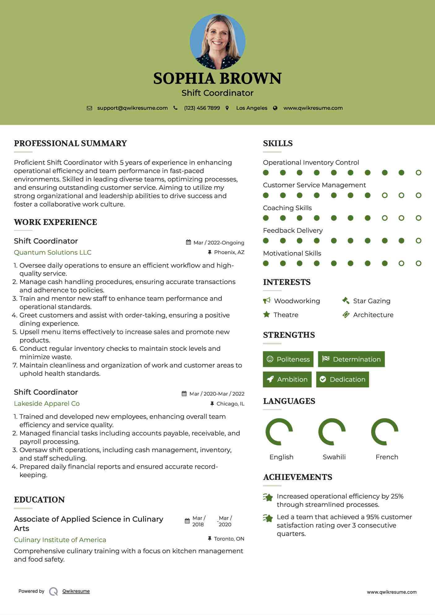 Shift Coordinator Resume Model