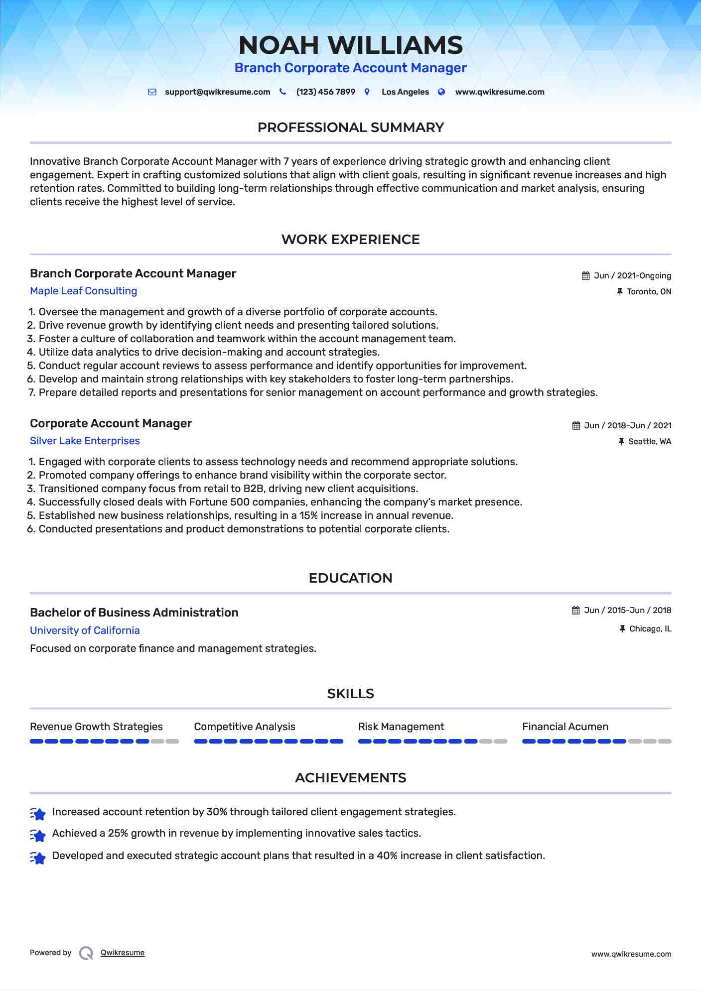 Branch Corporate Account Manager Resume Format