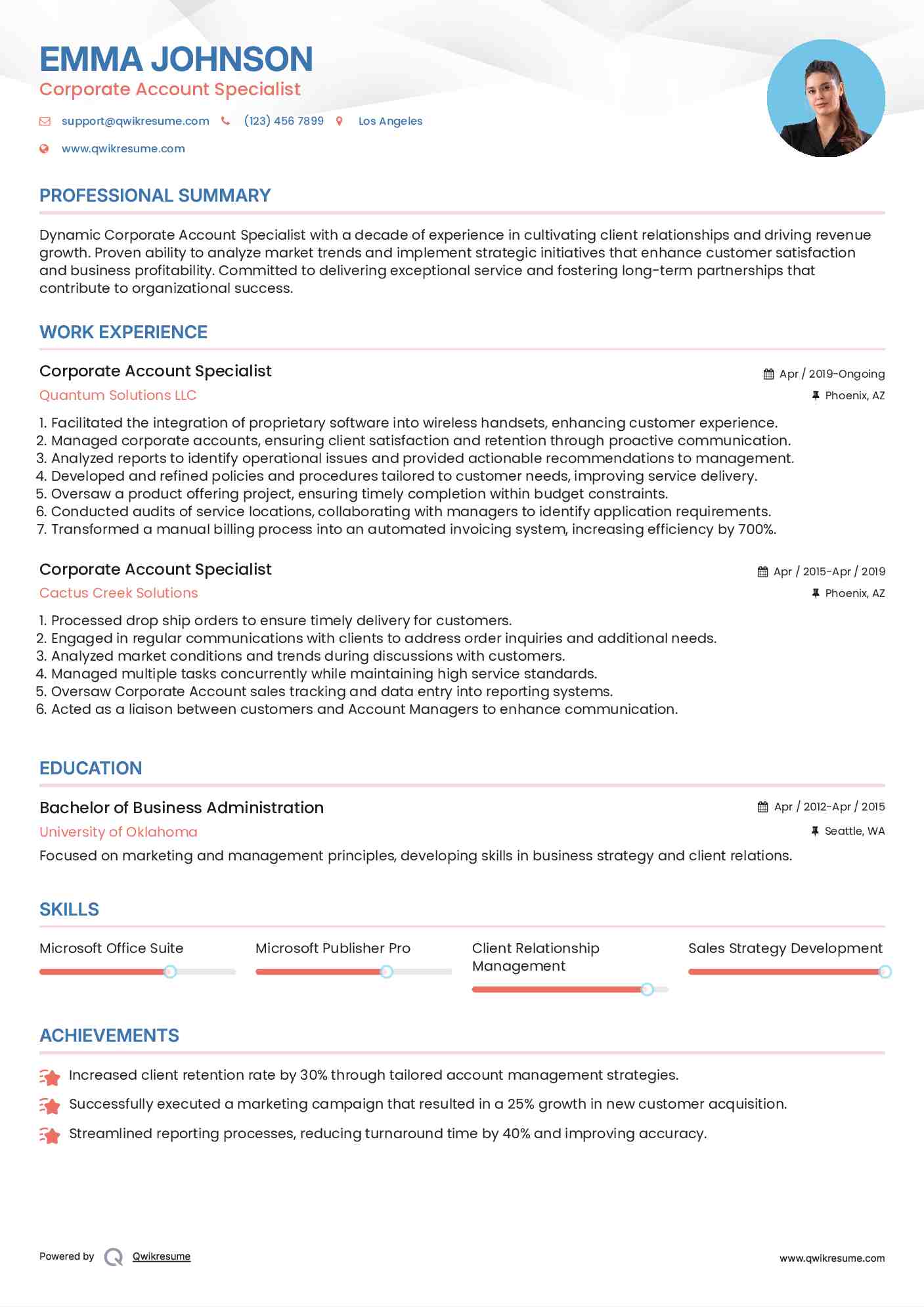 Corporate Account Specialist Resume Example