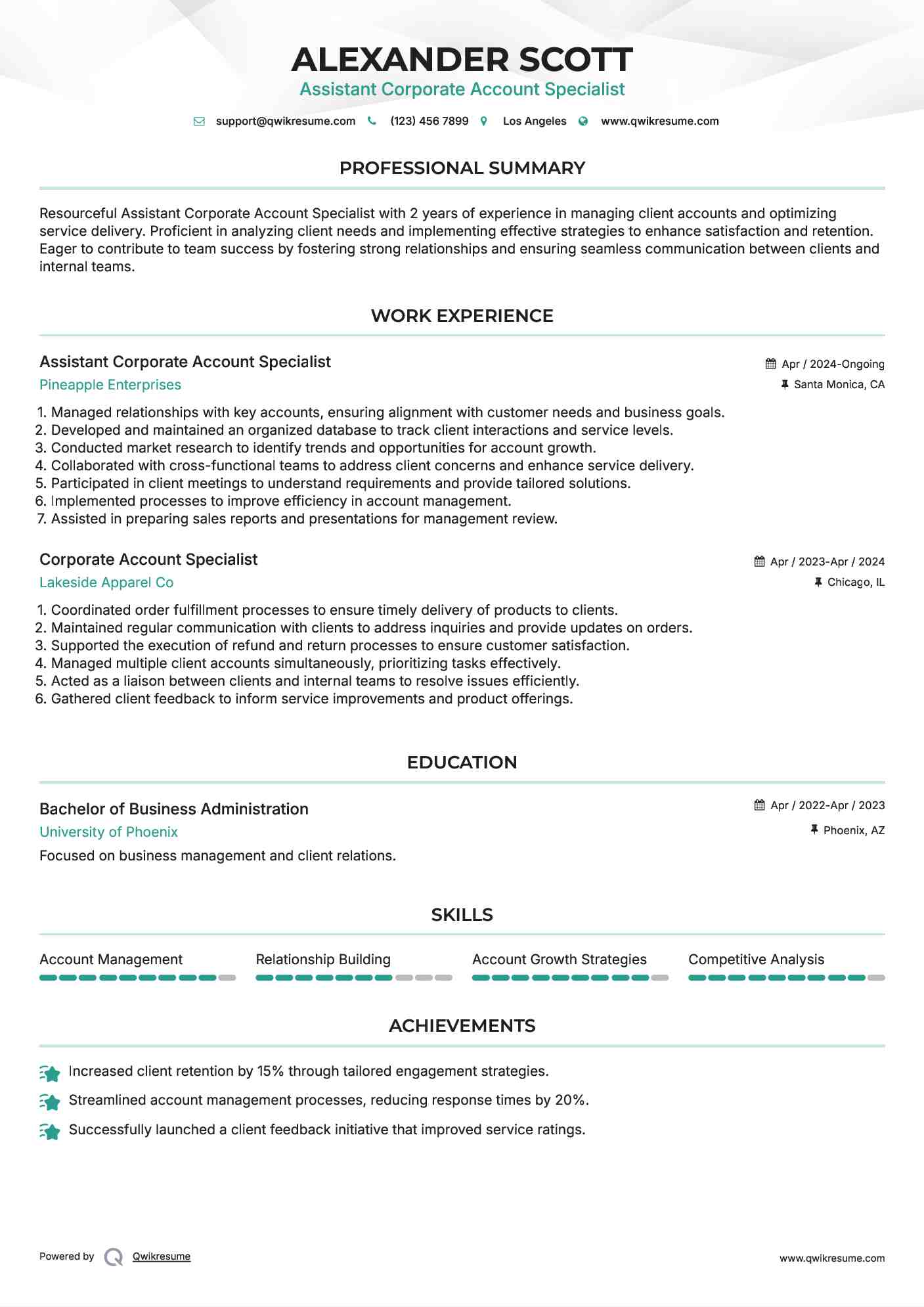 Assistant Corporate Account Specialist Resume Template