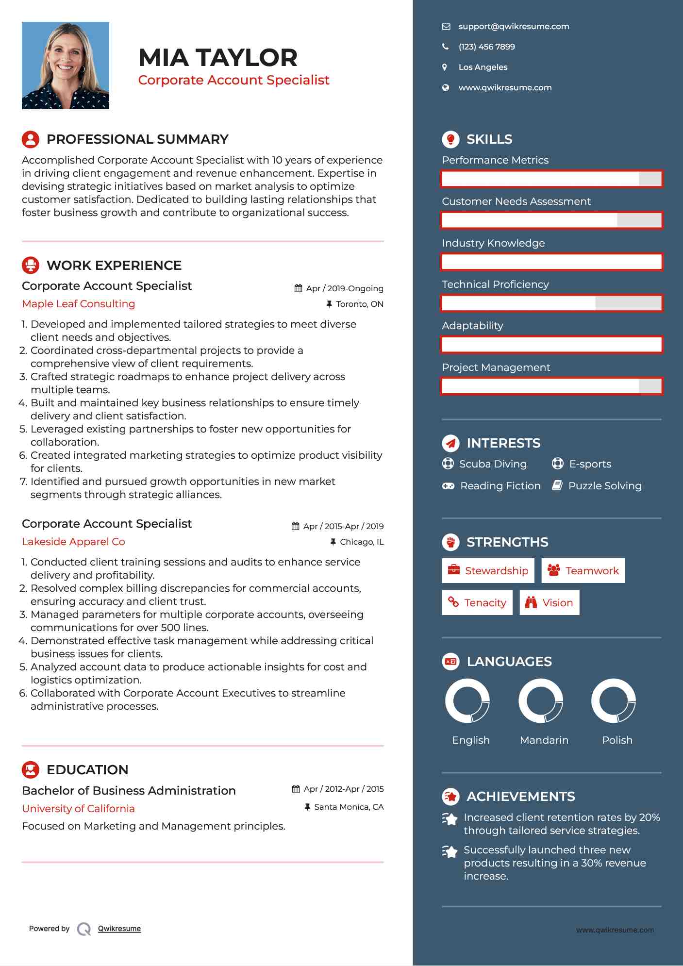 Corporate Account Specialist Resume Example