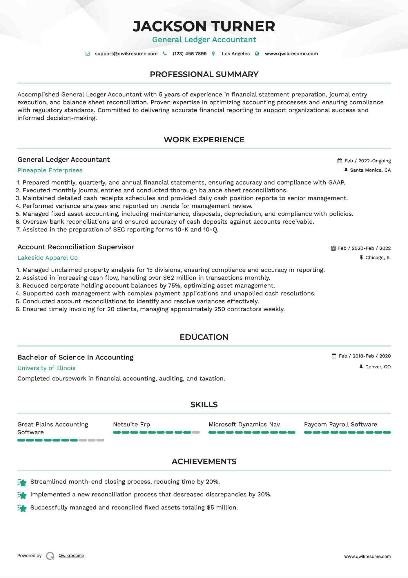 General Ledger Accountant
 Resume Format