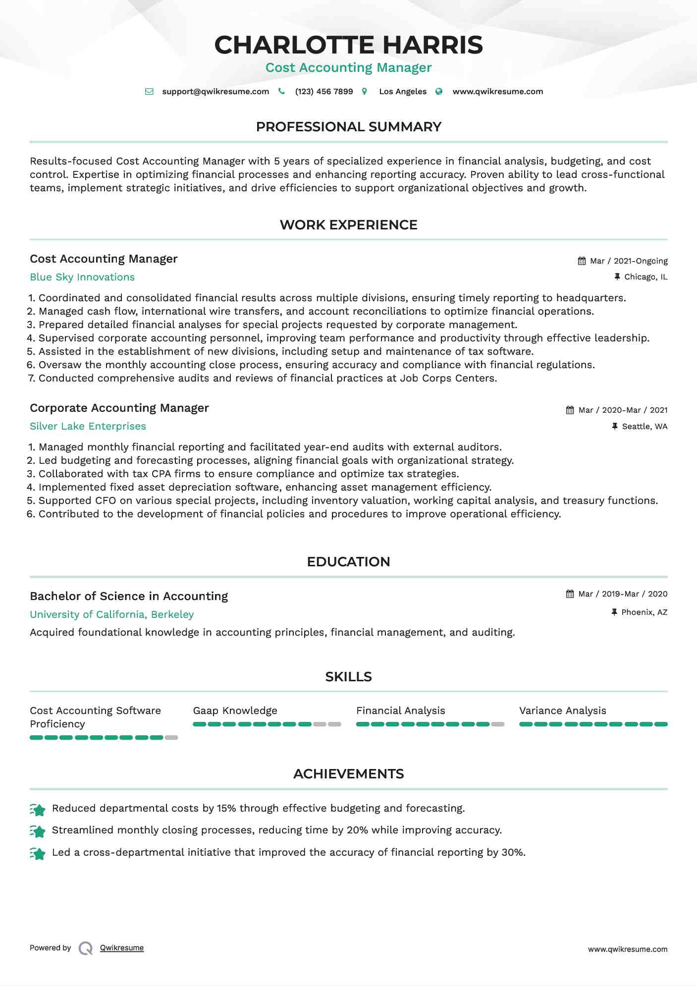 Cost Accounting Manager Resume Format
