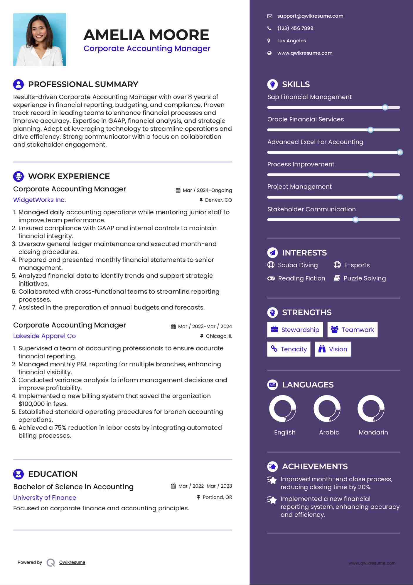 Corporate Accounting Manager Resume Sample