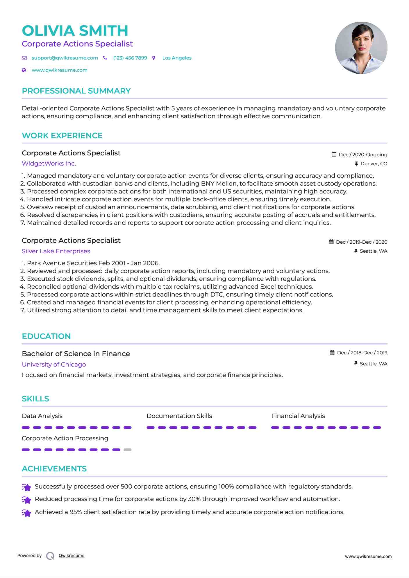 Corporate Actions Specialist Resume Example