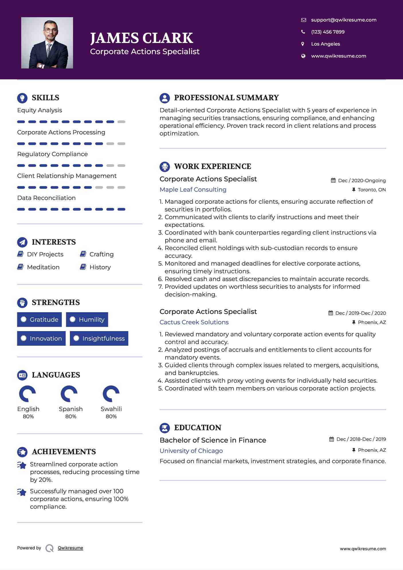 Corporate Actions Specialist Resume Example