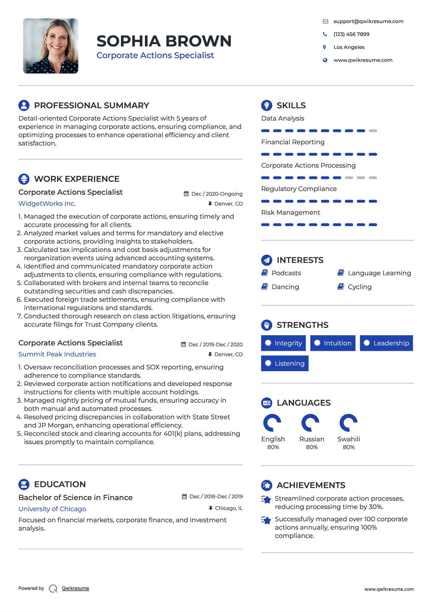 Corporate Actions Specialist Resume Sample