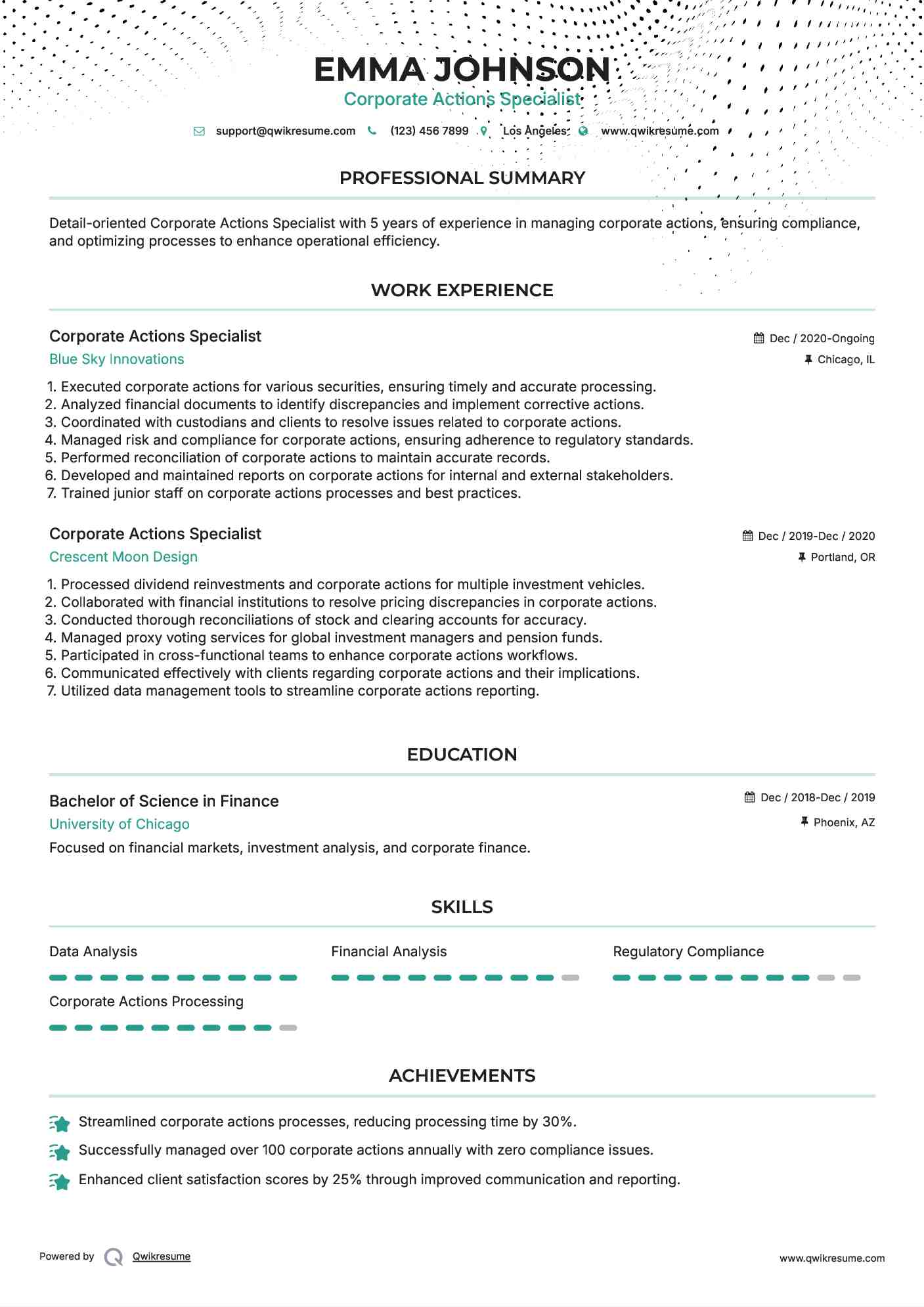 Corporate Actions Specialist Resume Example
