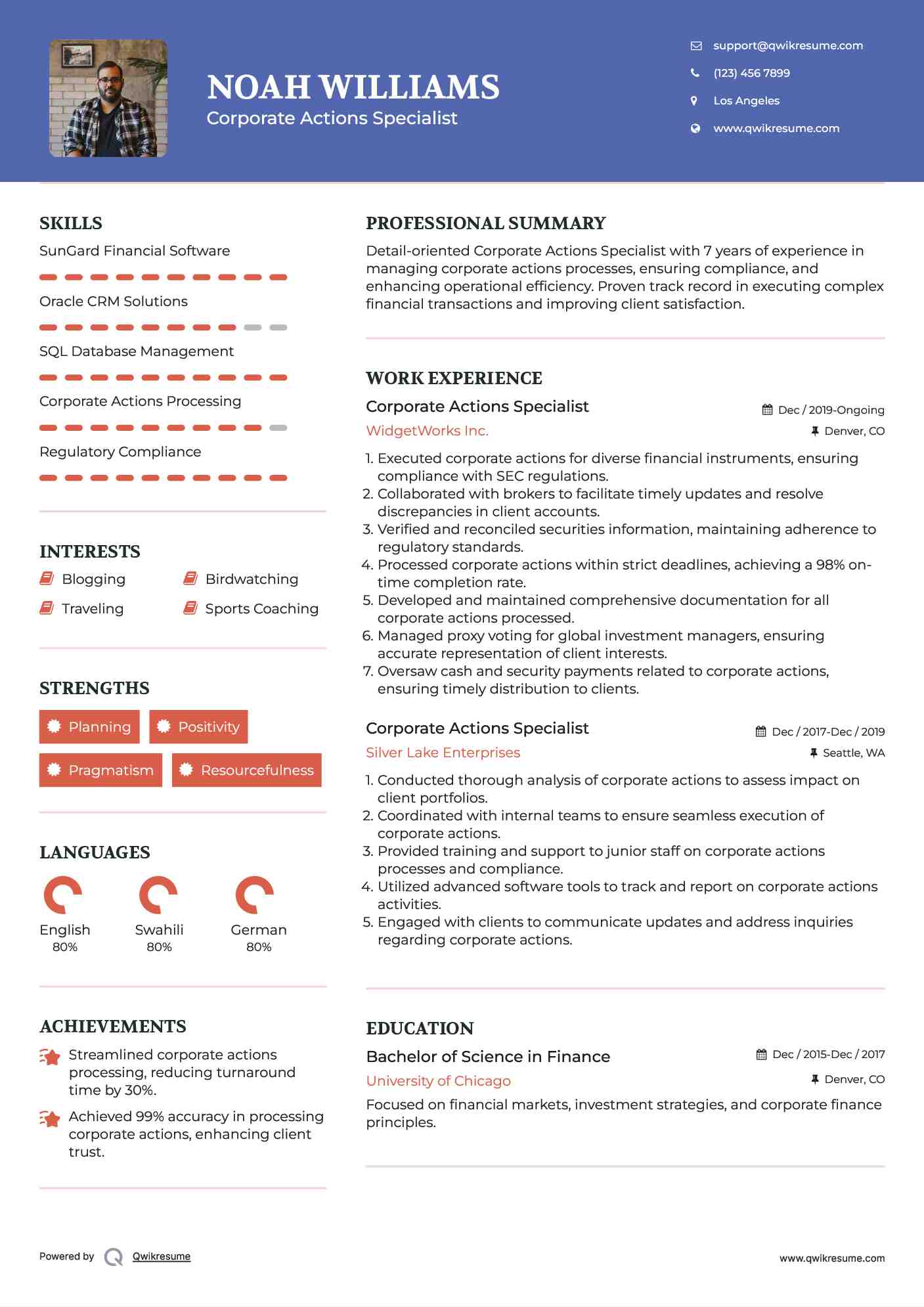 Corporate Actions Specialist Resume Model
