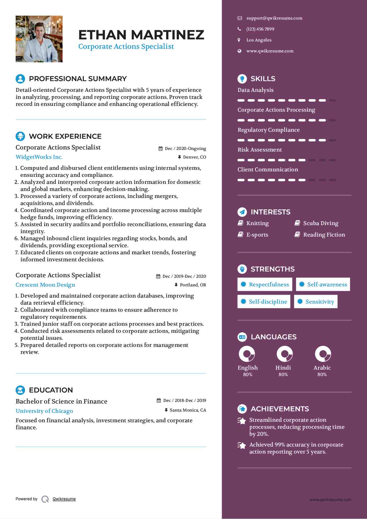 Corporate Actions Specialist Resume Template