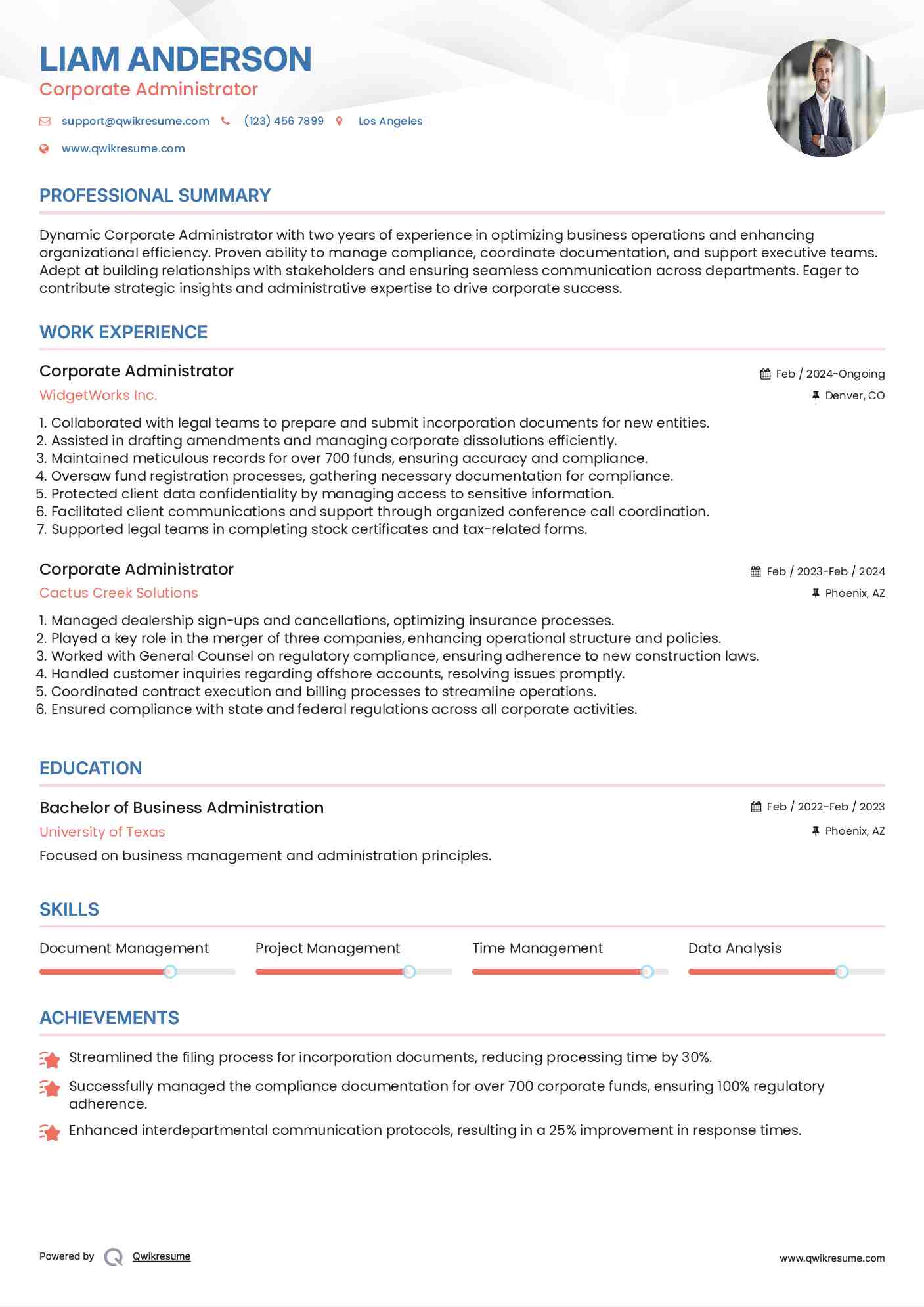 Corporate Administrator Resume Example
