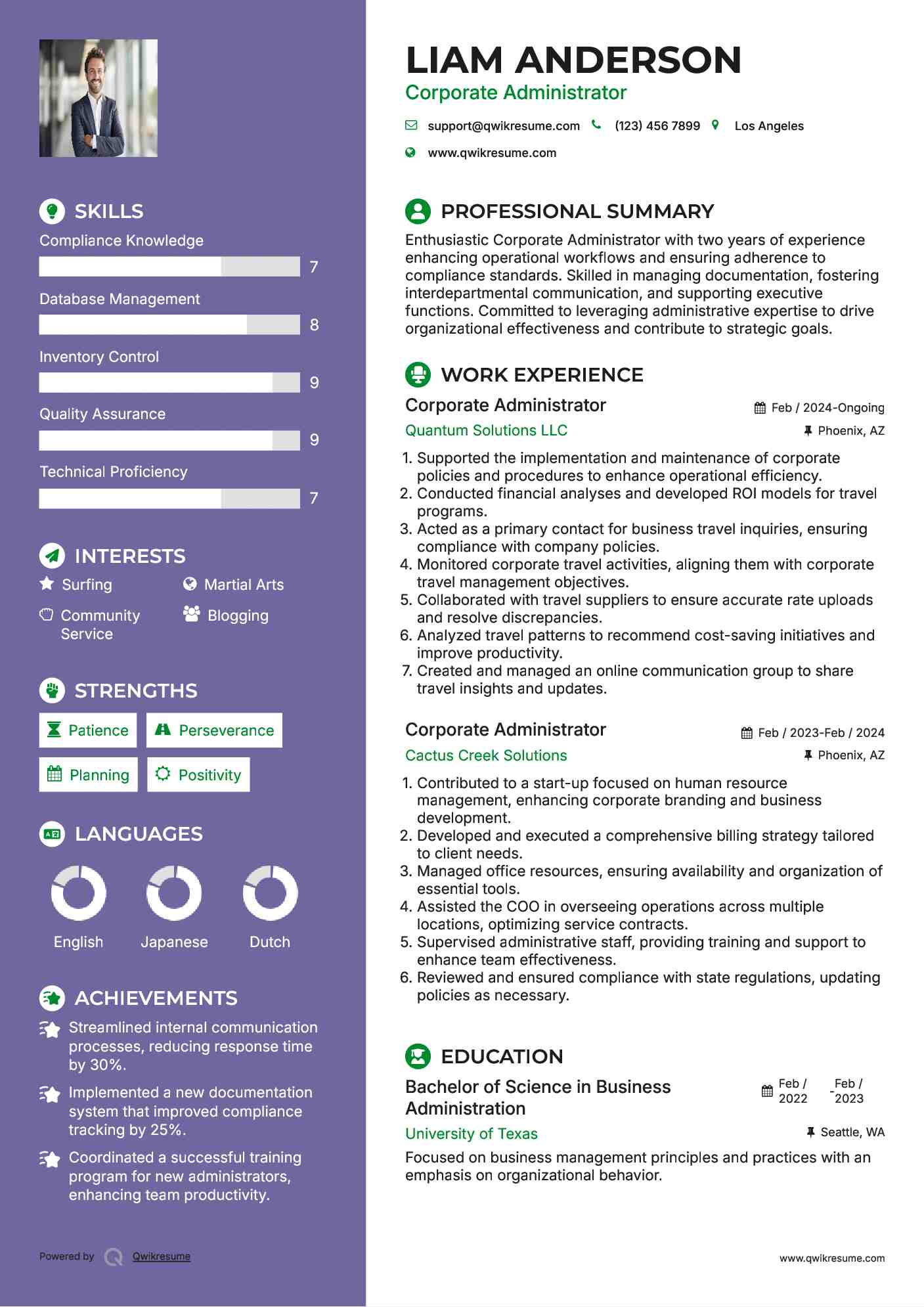 Corporate Administrator Resume Sample