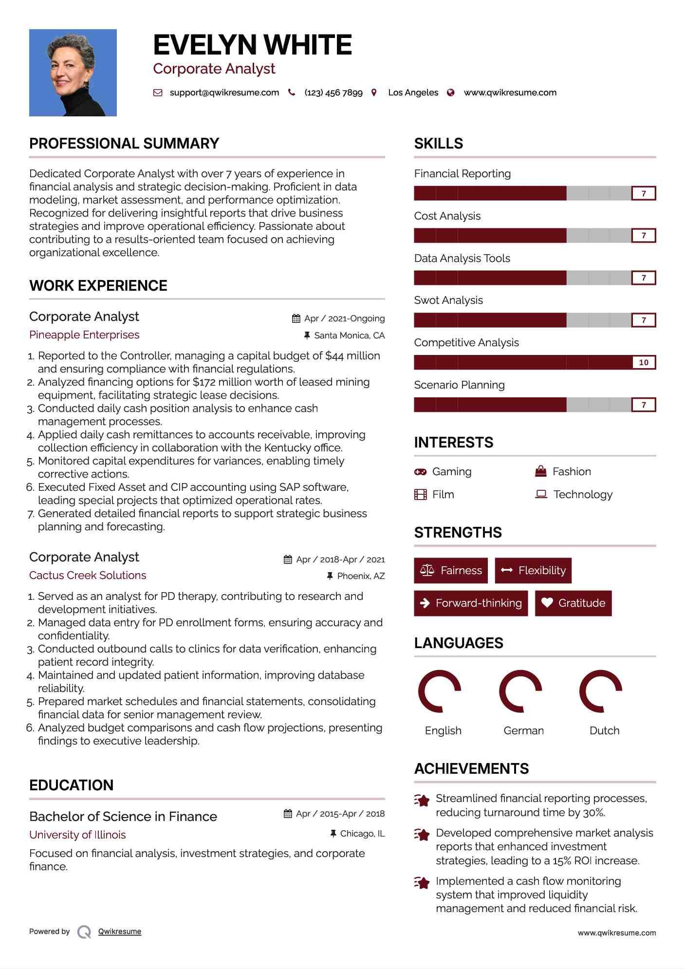 Corporate Analyst Resume Example