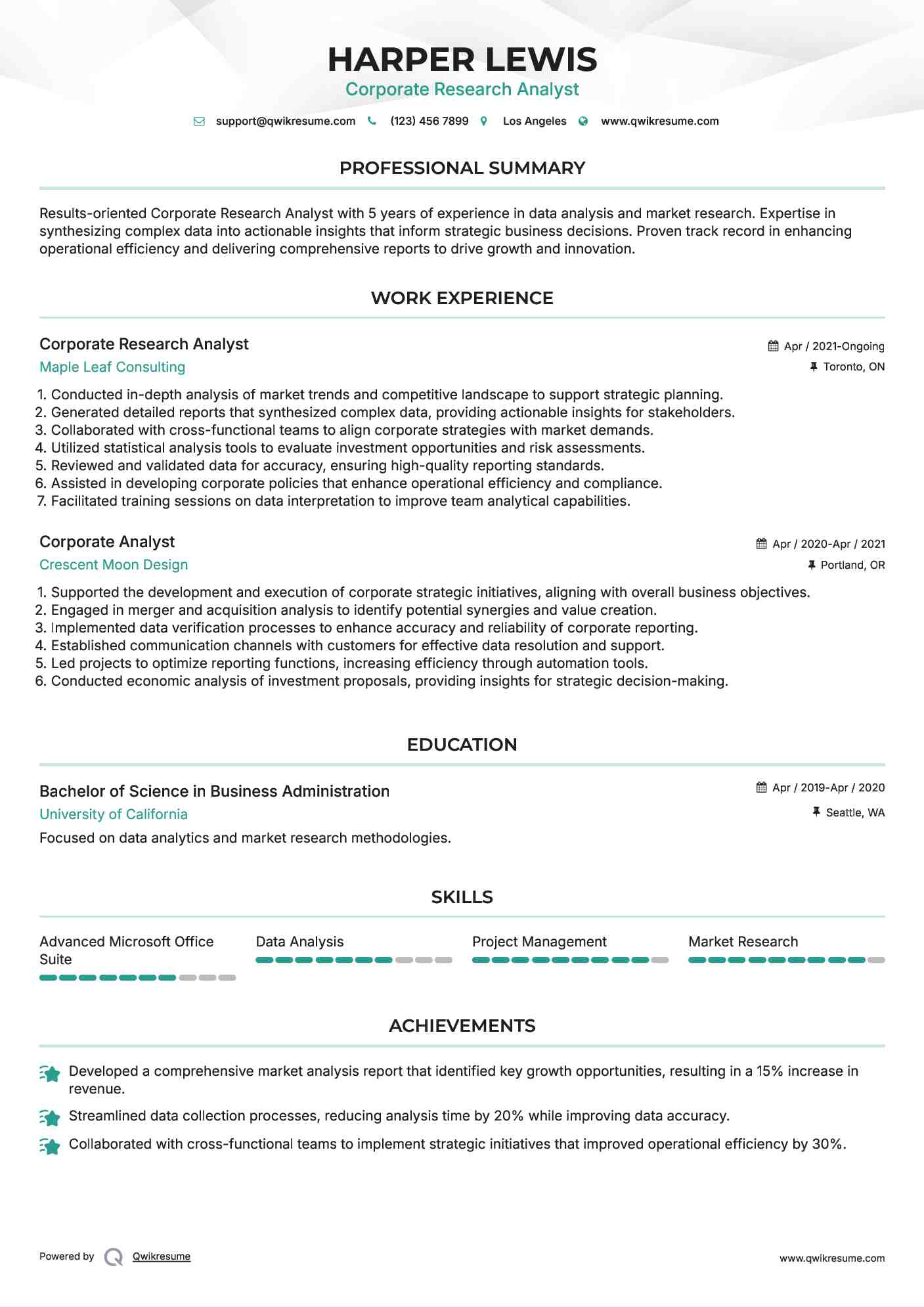 Corporate Research Analyst Resume Sample